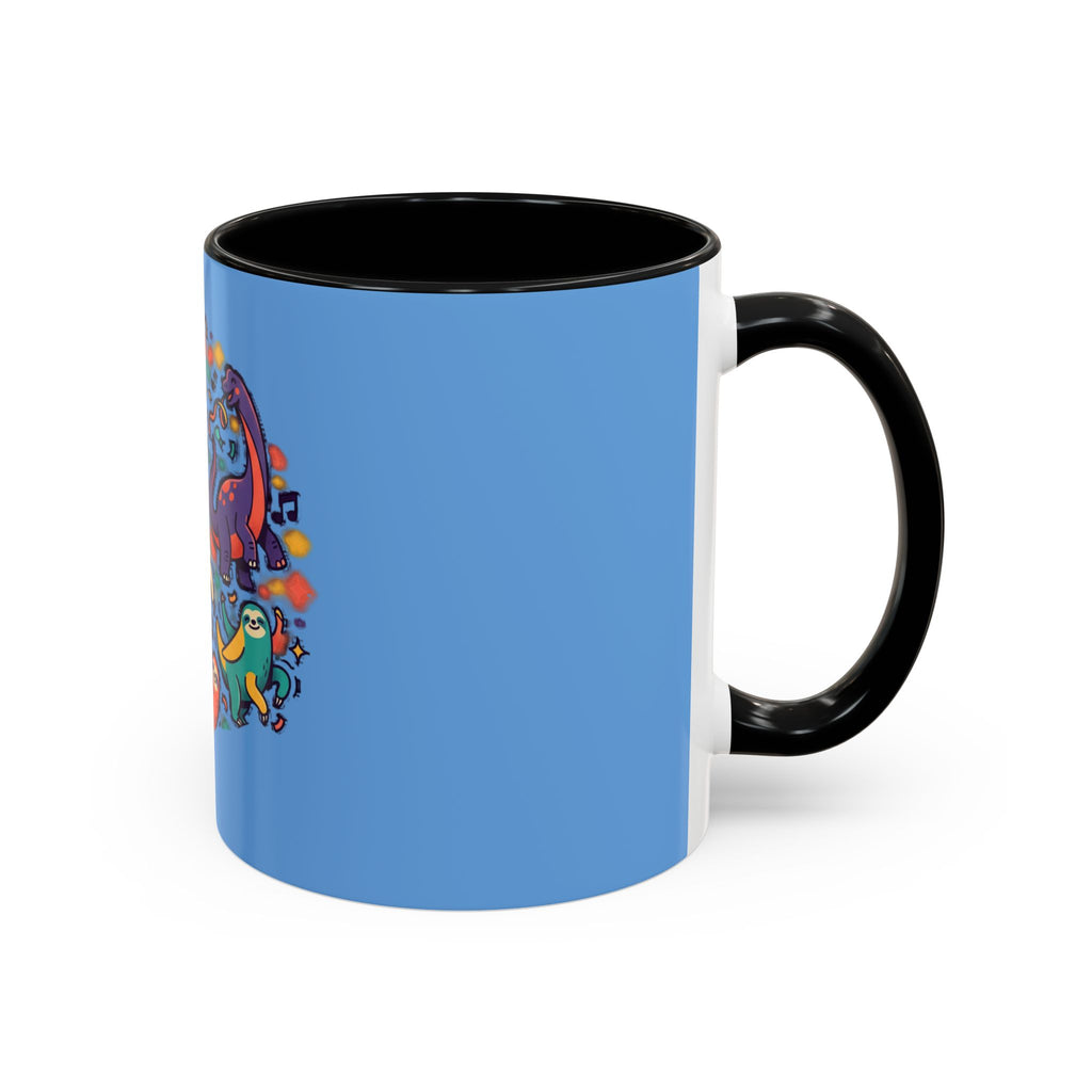 Cute Dancing Dinosaurs & Sloths Accent Coffee Mug — Colorful 11/15oz Ceramic