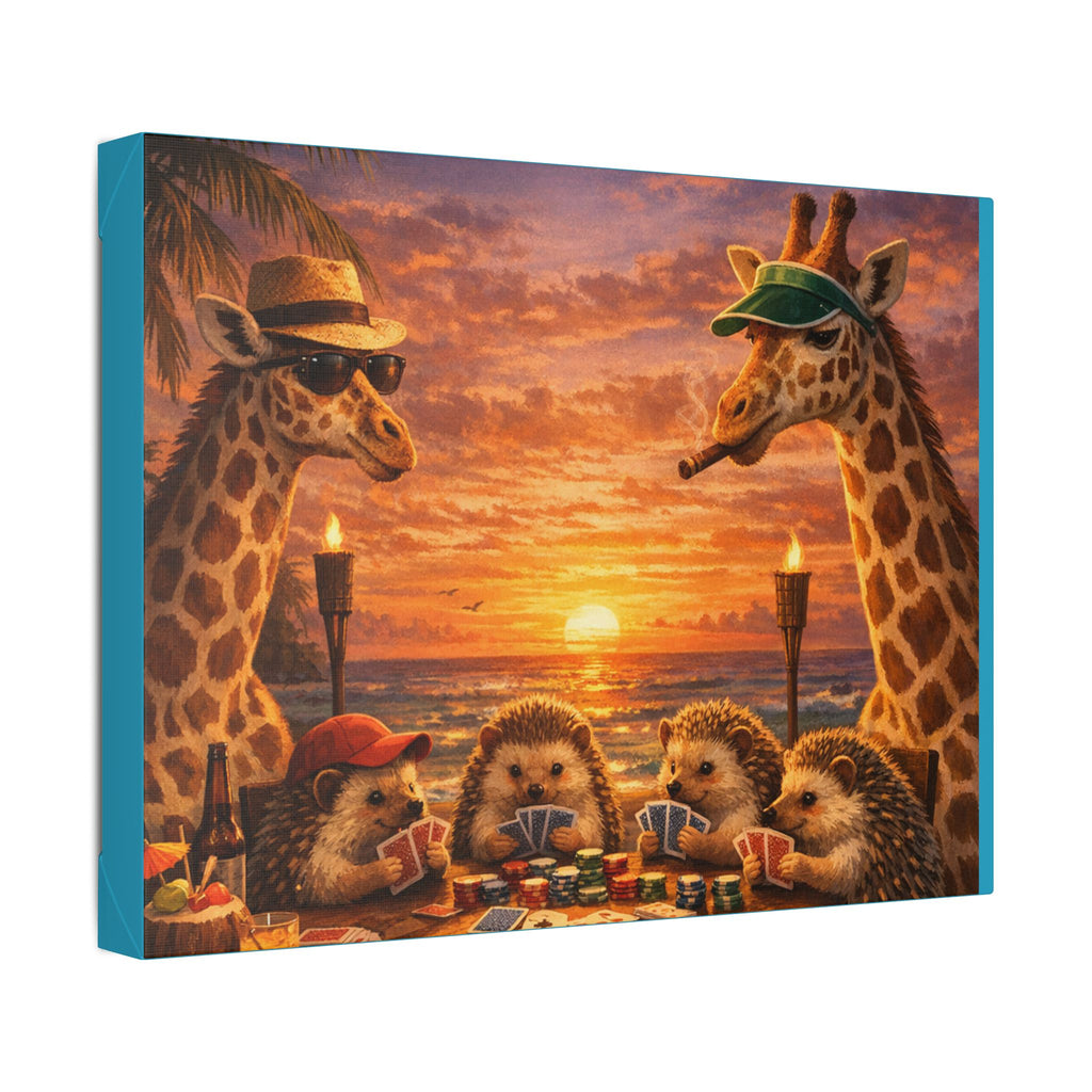 Sunset Poker Night Canvas — Whimsical Giraffes & Hedgehogs Art Print
