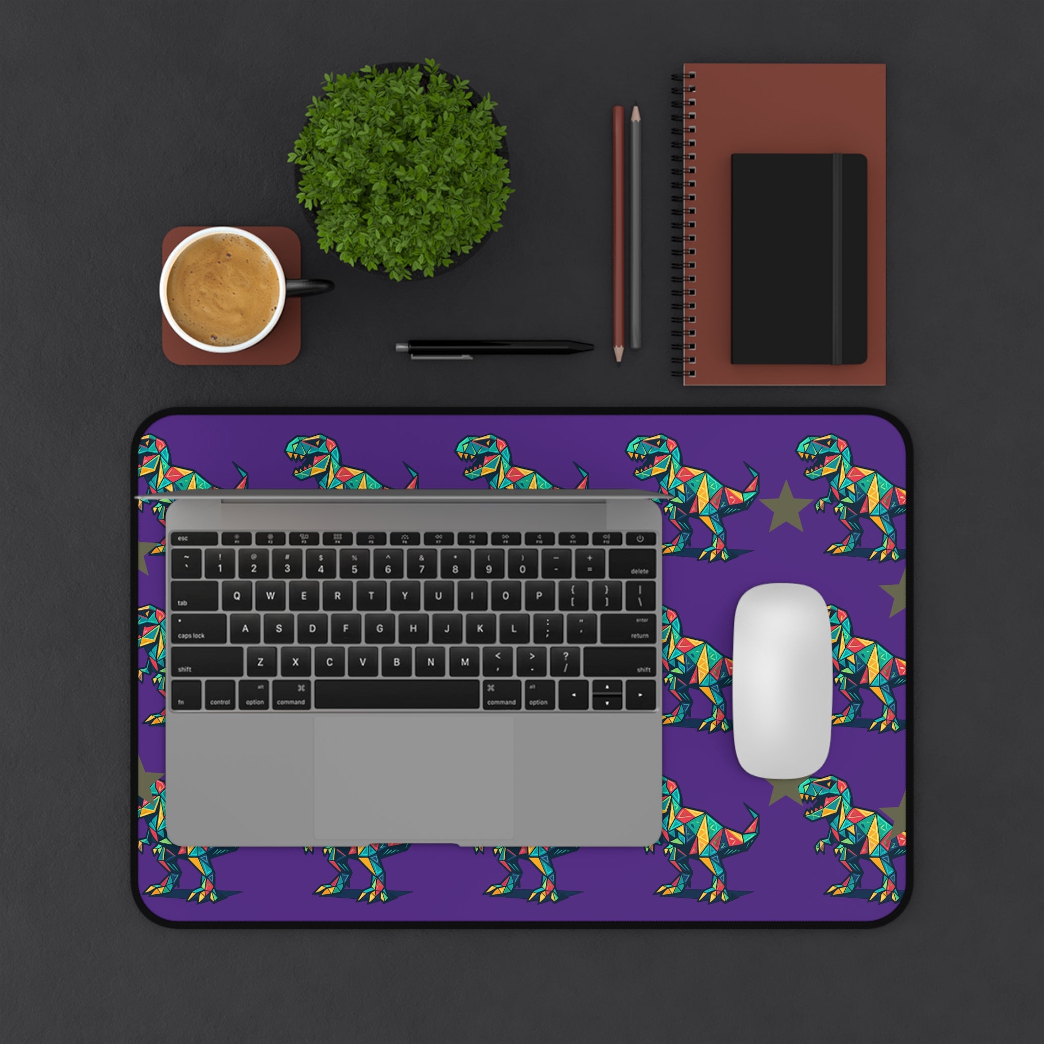 Colorful Geometric T-Rex Desk Mat — Purple Dinosaur Mouse Pad