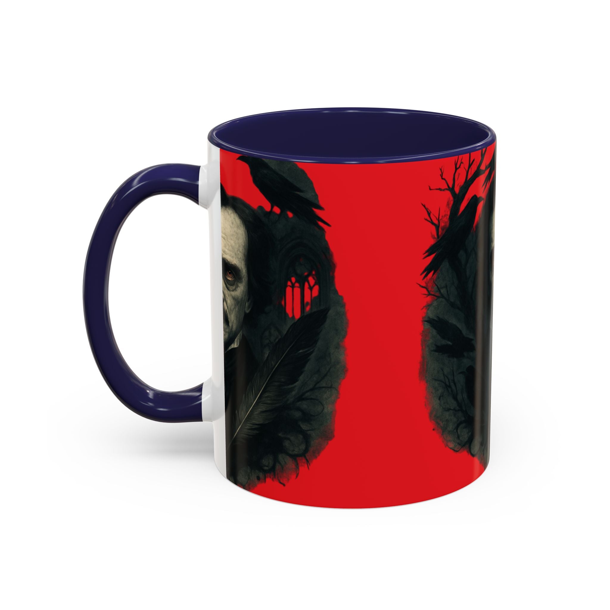Edgar Allan Poe Portrait Coffee Mug — Gothic Raven Red Accent (11/15oz)