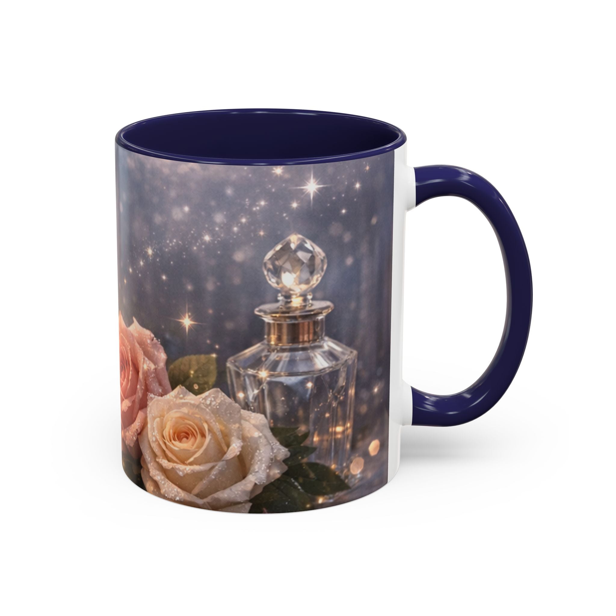 Vintage Rose & Perfume Accent Coffee Mug — Sparkling Floral 11/15oz