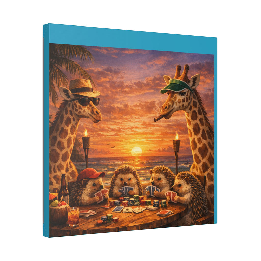 Sunset Poker Night Canvas — Whimsical Giraffes & Hedgehogs Art Print