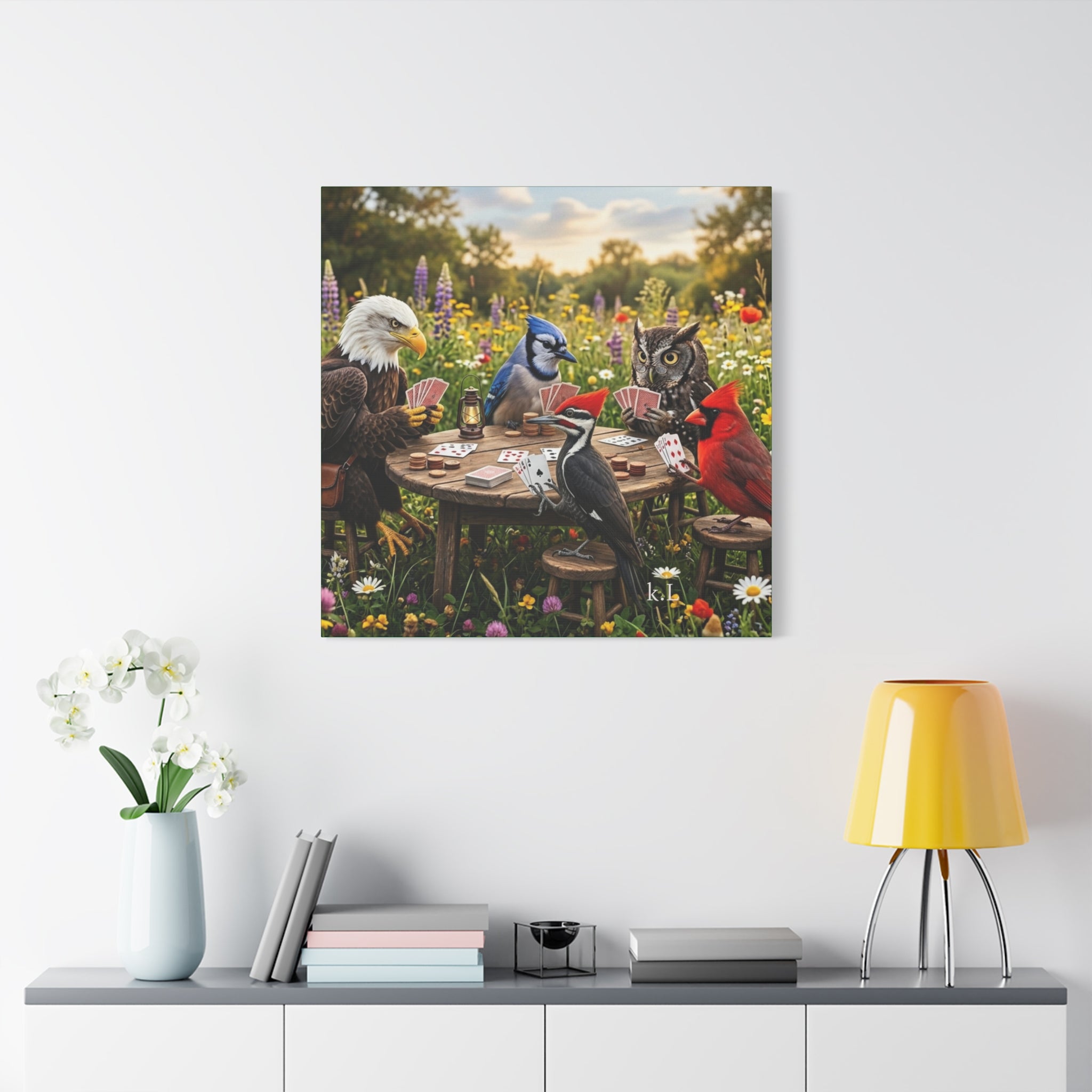 Canvas Wall Art — Woodland Birds Playing Cards Scene