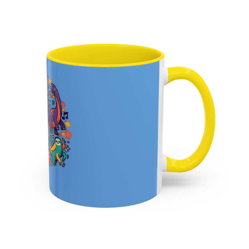 Cute Dancing Dinosaurs & Sloths Accent Coffee Mug — Colorful 11/15oz Ceramic