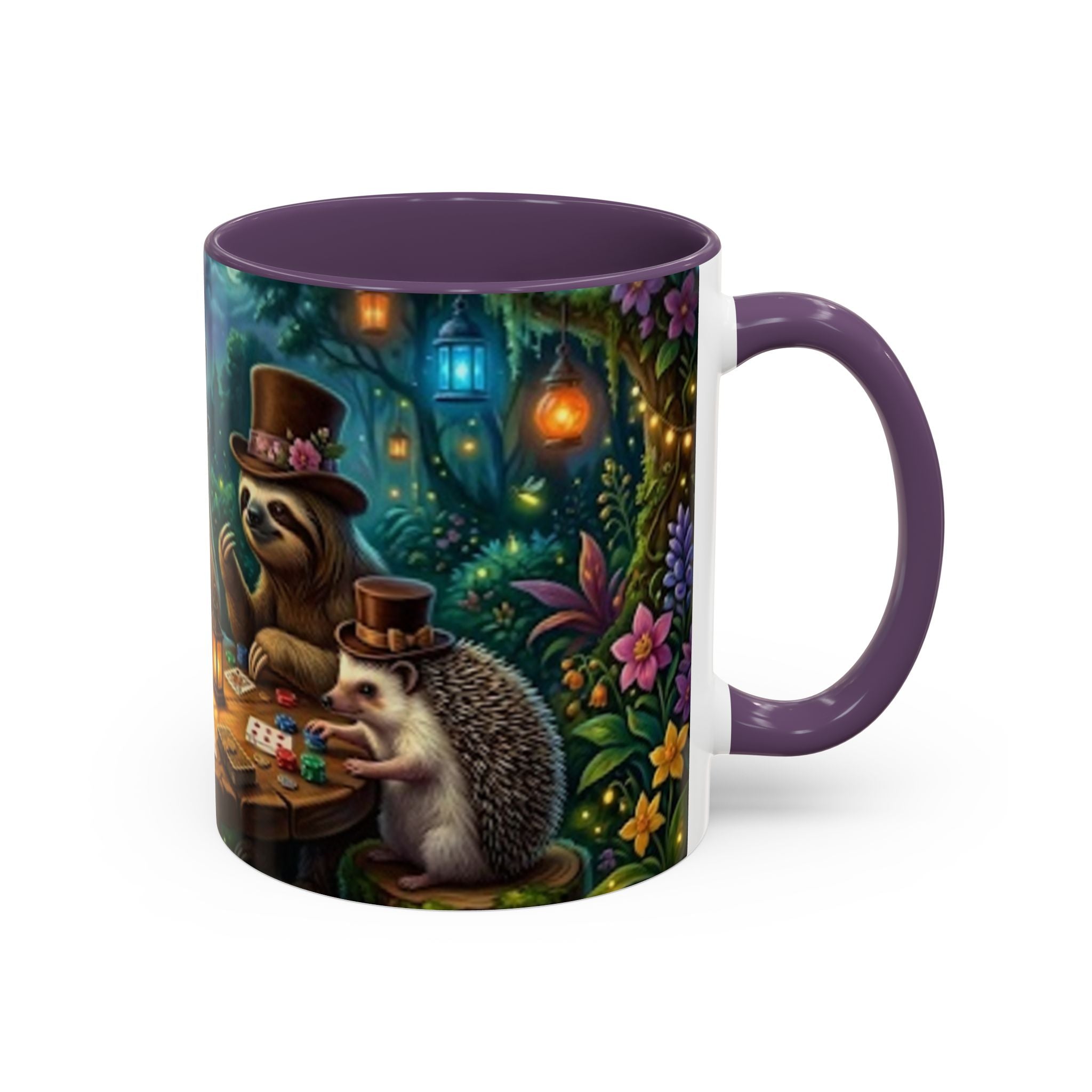 Sloth & Hedgehog Poker Night Coffee Mug — Whimsical Woodland Animal Tea Cup (11/15oz)