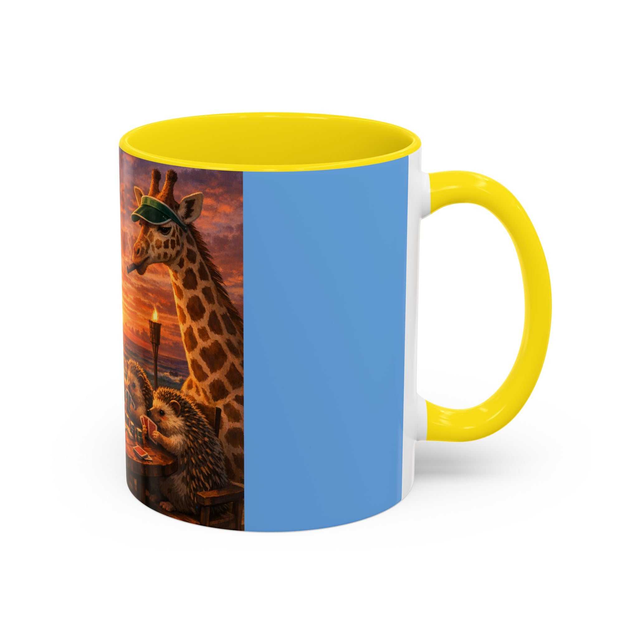 Sunset Poker Nights Animal Coffee Mug — Giraffe & Hedgehog Friends (11/15 oz)