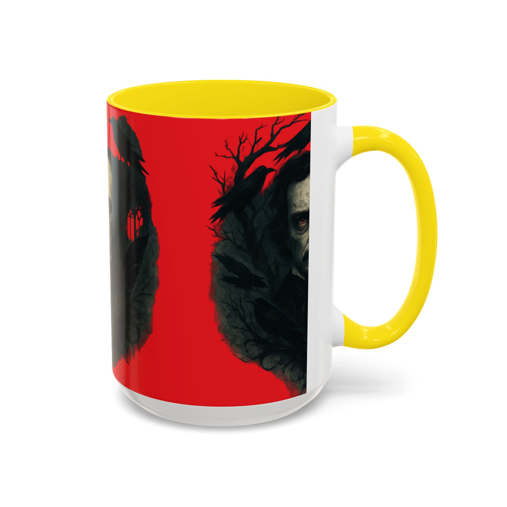 Edgar Allan Poe Portrait Coffee Mug — Gothic Raven Red Accent (11/15oz)