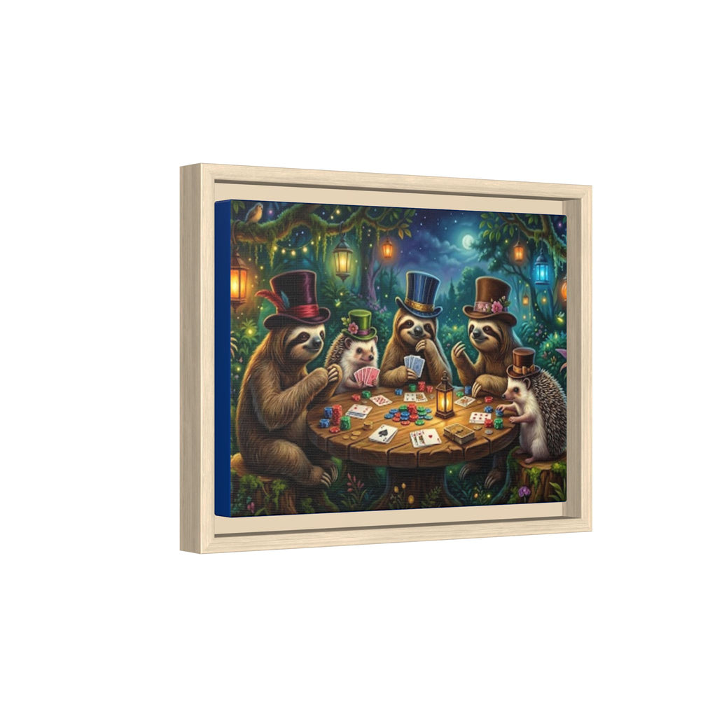 Framed Whimsical Sloth & Hedgehog Poker Night Canvas