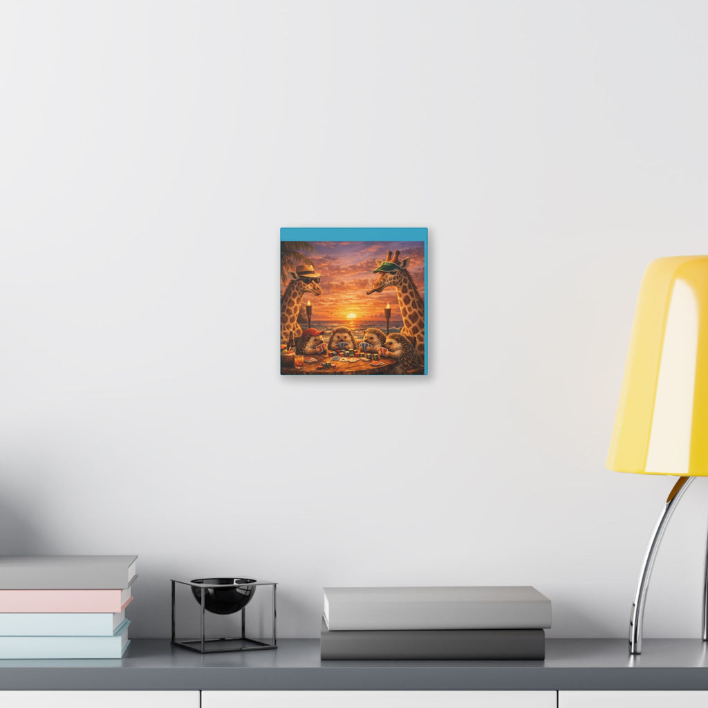Sunset Poker Night Canvas — Whimsical Giraffes & Hedgehogs Art Print
