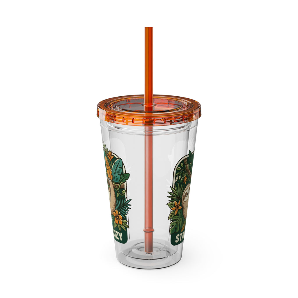 Stay Cozy Sloth Tumbler — 16oz Clear Insulated Cup with Straw