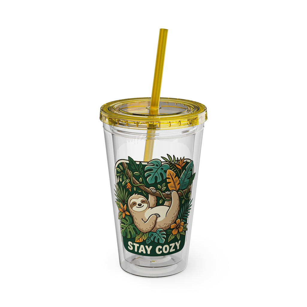 Stay Cozy Sloth Tumbler — 16oz Clear Insulated Cup with Straw