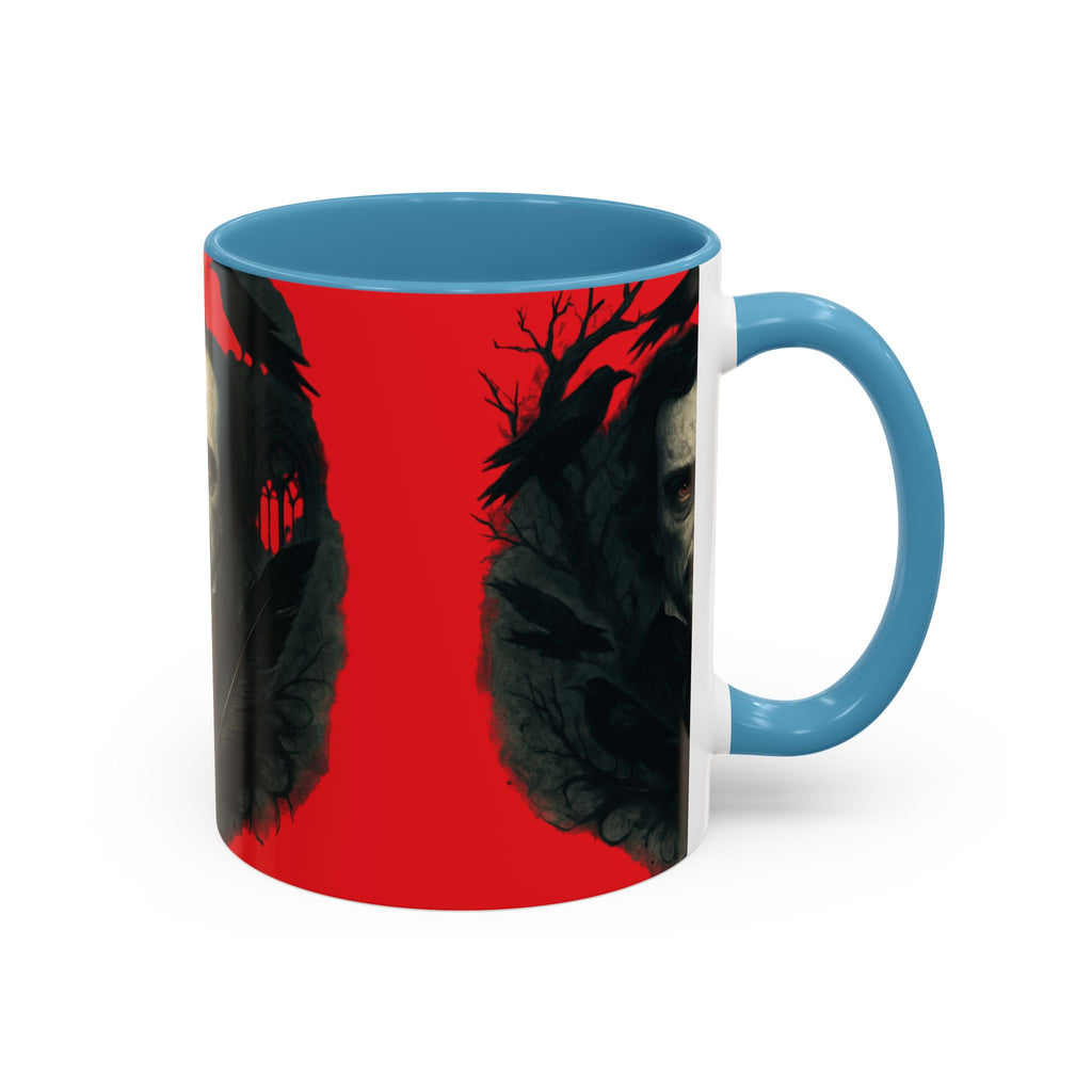 Edgar Allan Poe Portrait Coffee Mug — Gothic Raven Red Accent (11/15oz)