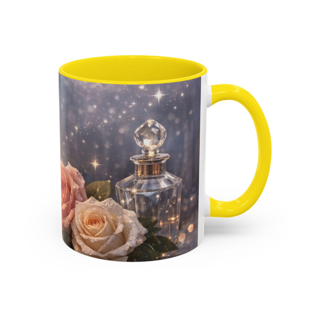 Vintage Rose & Perfume Accent Coffee Mug — Sparkling Floral 11/15oz