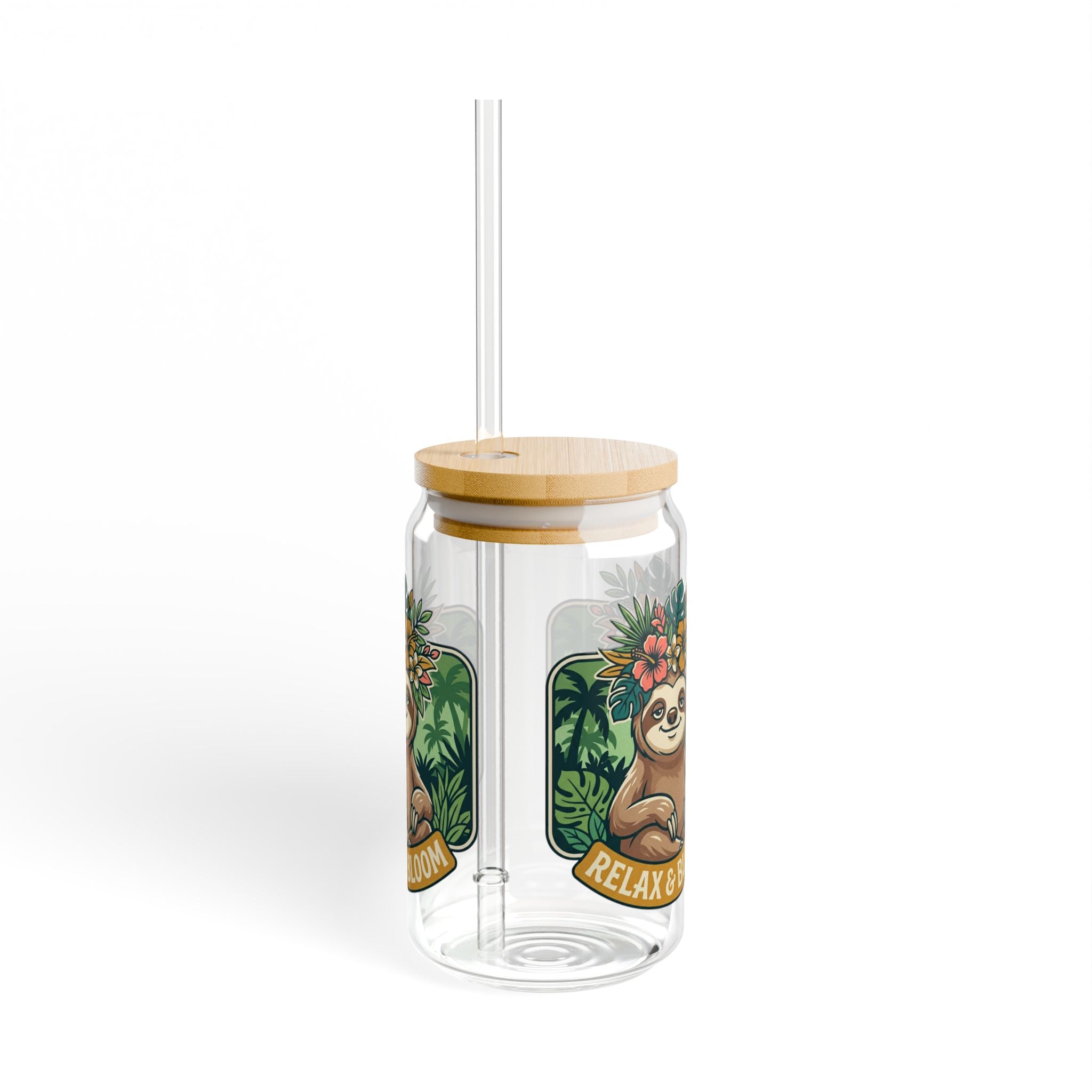 Relax & Bloom Sloth Sipper Glass — 16oz Bamboo Lid Straw Tumbler