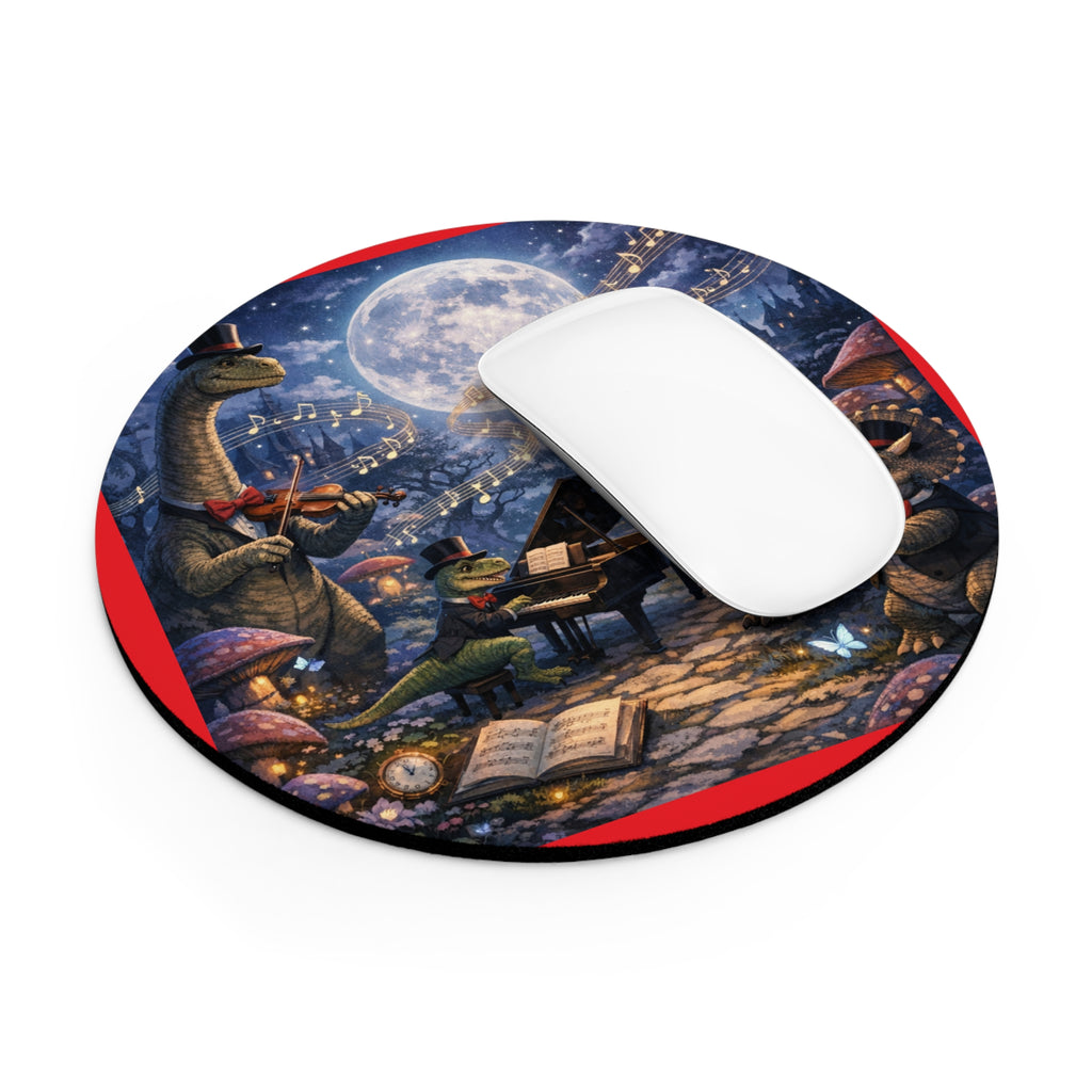 Dapper Dinosaurs Orchestra Round Mouse Pad — Whimsical Nighttime Music Desk Mat