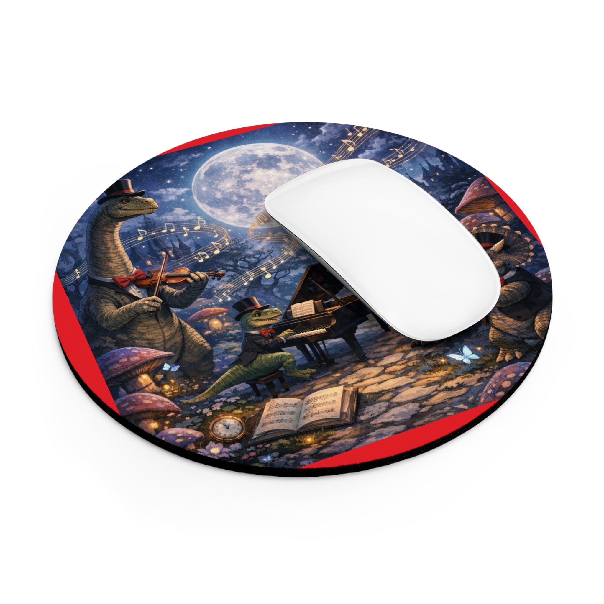 Dapper Dinosaurs Orchestra Round Mouse Pad — Whimsical Nighttime Music Desk Mat
