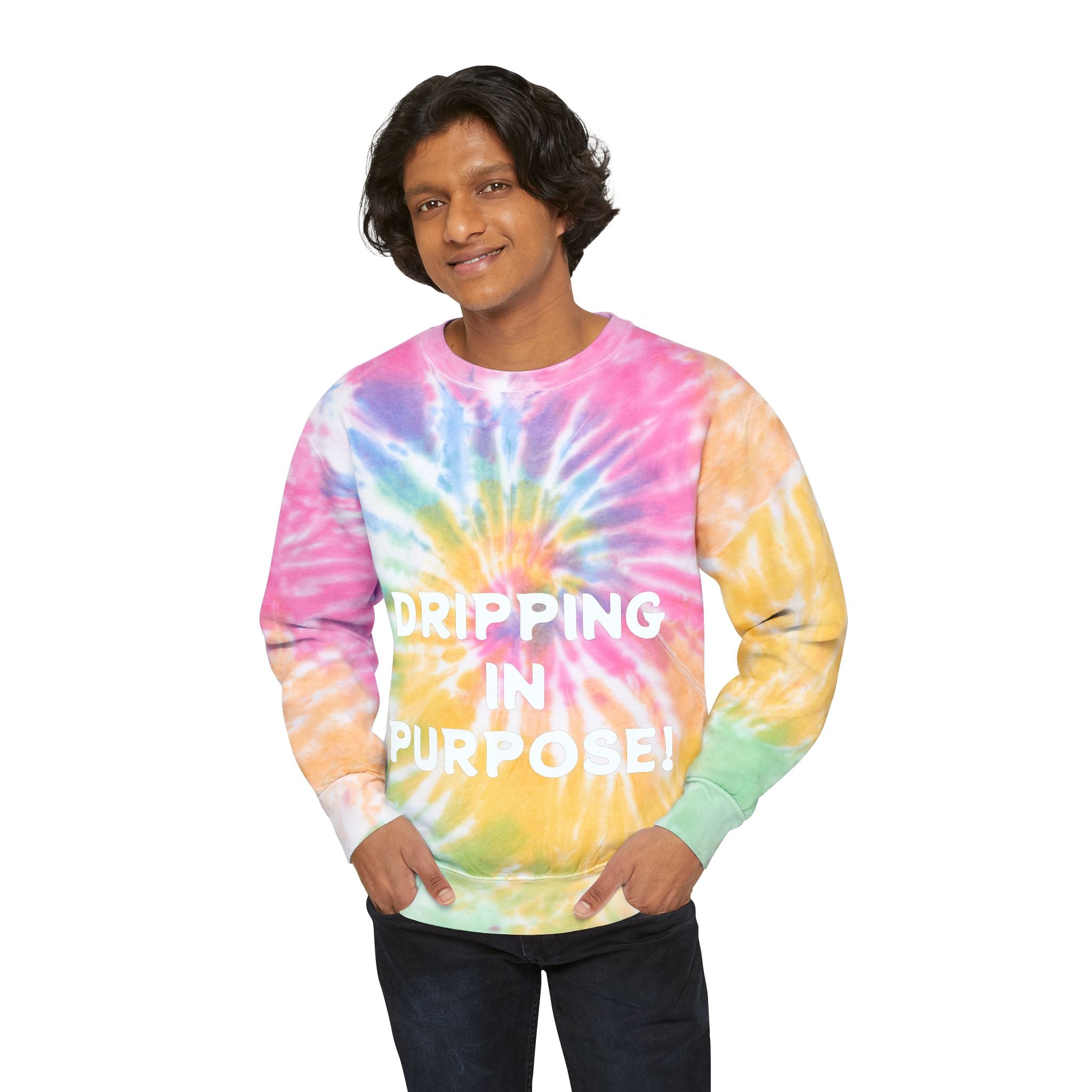Tie-Dye Sweatshirt — "Dripping in Purpose!" Motivational Blue Tie-Dye Crewneck