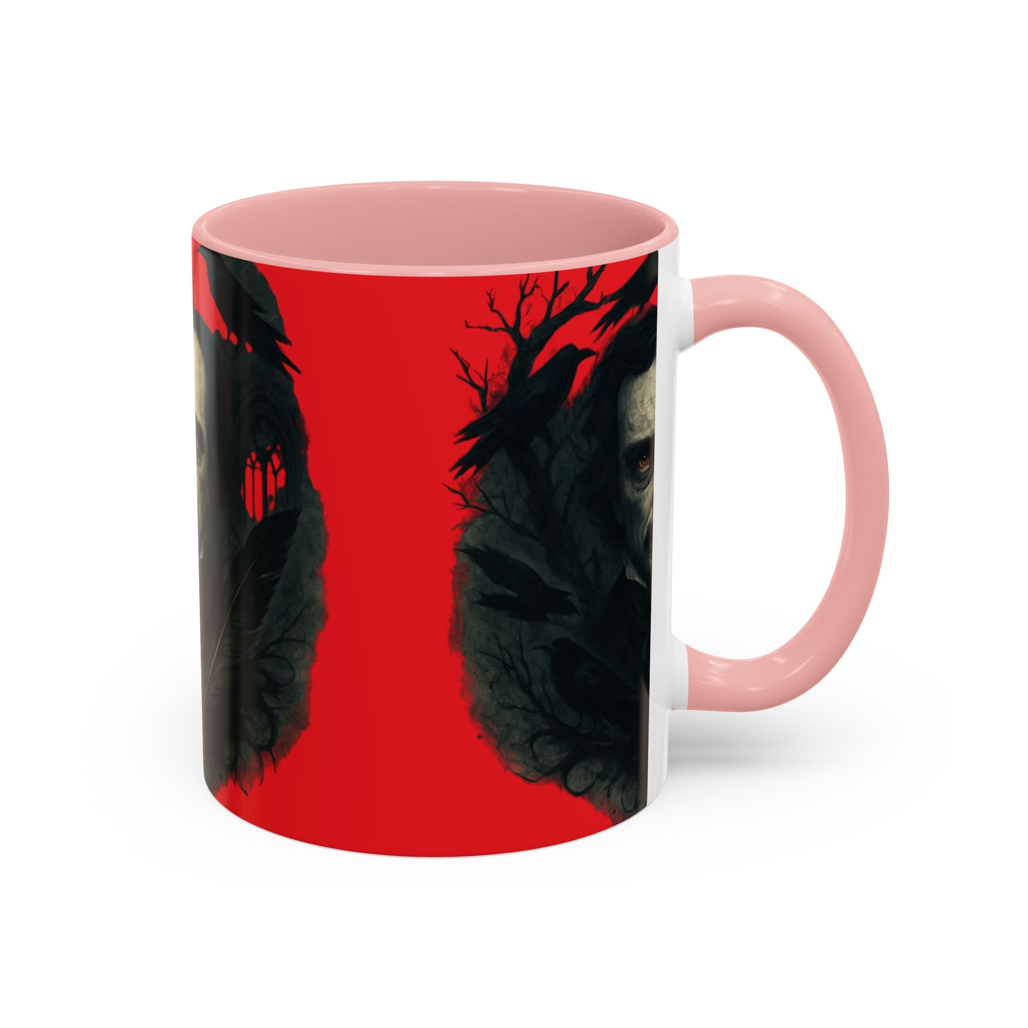 Edgar Allan Poe Portrait Coffee Mug — Gothic Raven Red Accent (11/15oz)