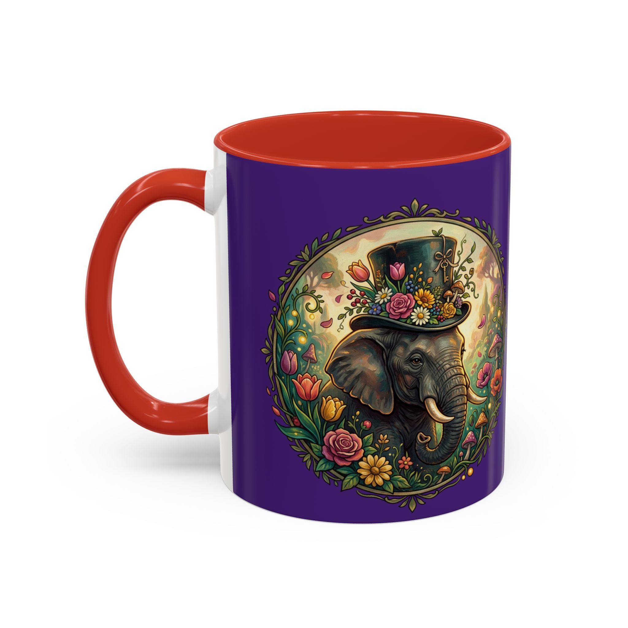 Elephant & Tulips Accent Coffee Mug — Floral Elephant Ceramic Mug (11/15oz)