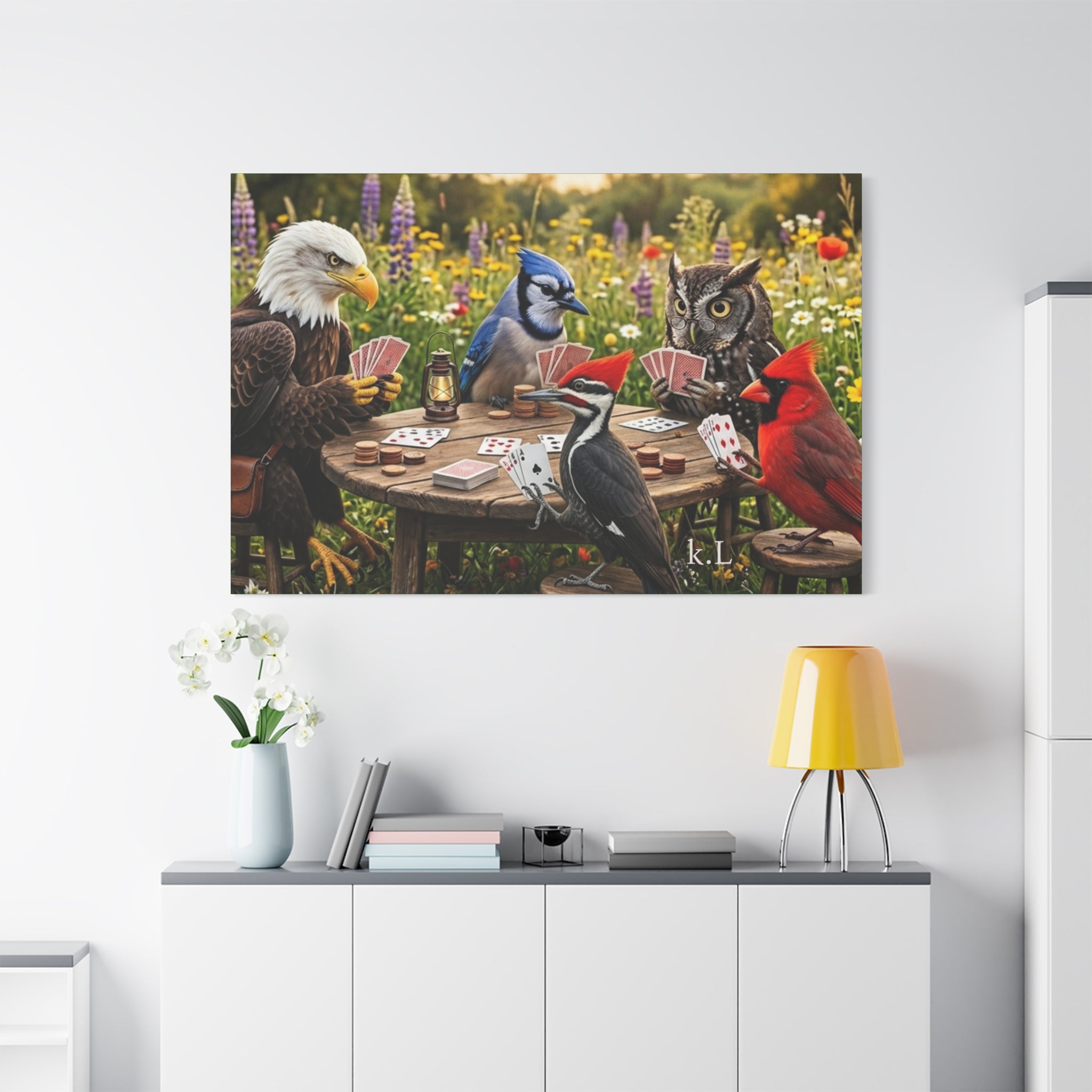 Canvas Wall Art — Woodland Birds Playing Cards Scene