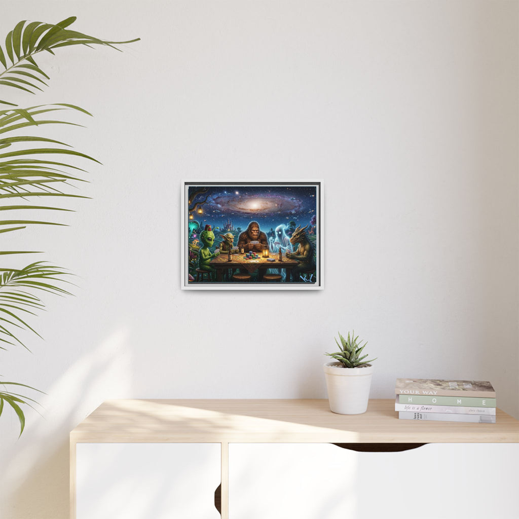 Framed Cosmic Poker Night Matte Canvas Print — Alien & Mythical Creatures Wall Art