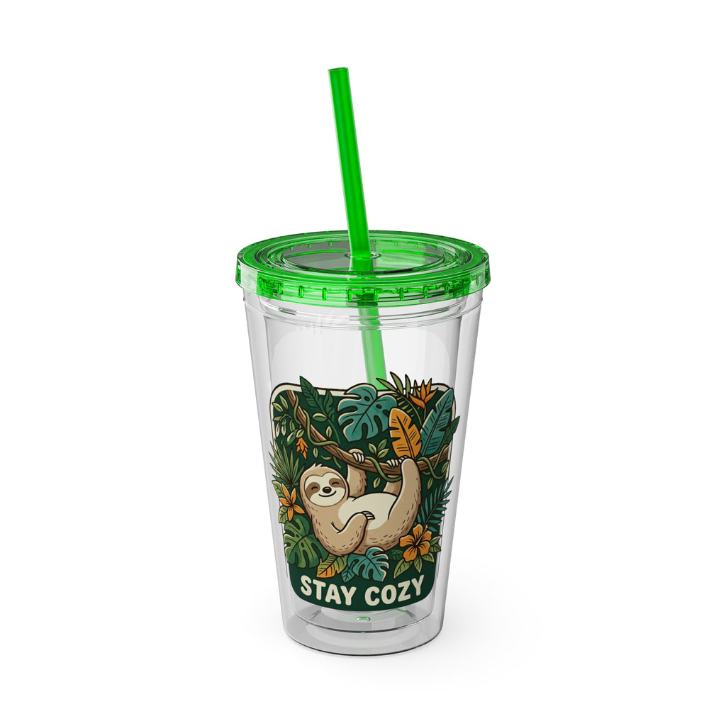 Stay Cozy Sloth Tumbler — 16oz Clear Insulated Cup with Straw