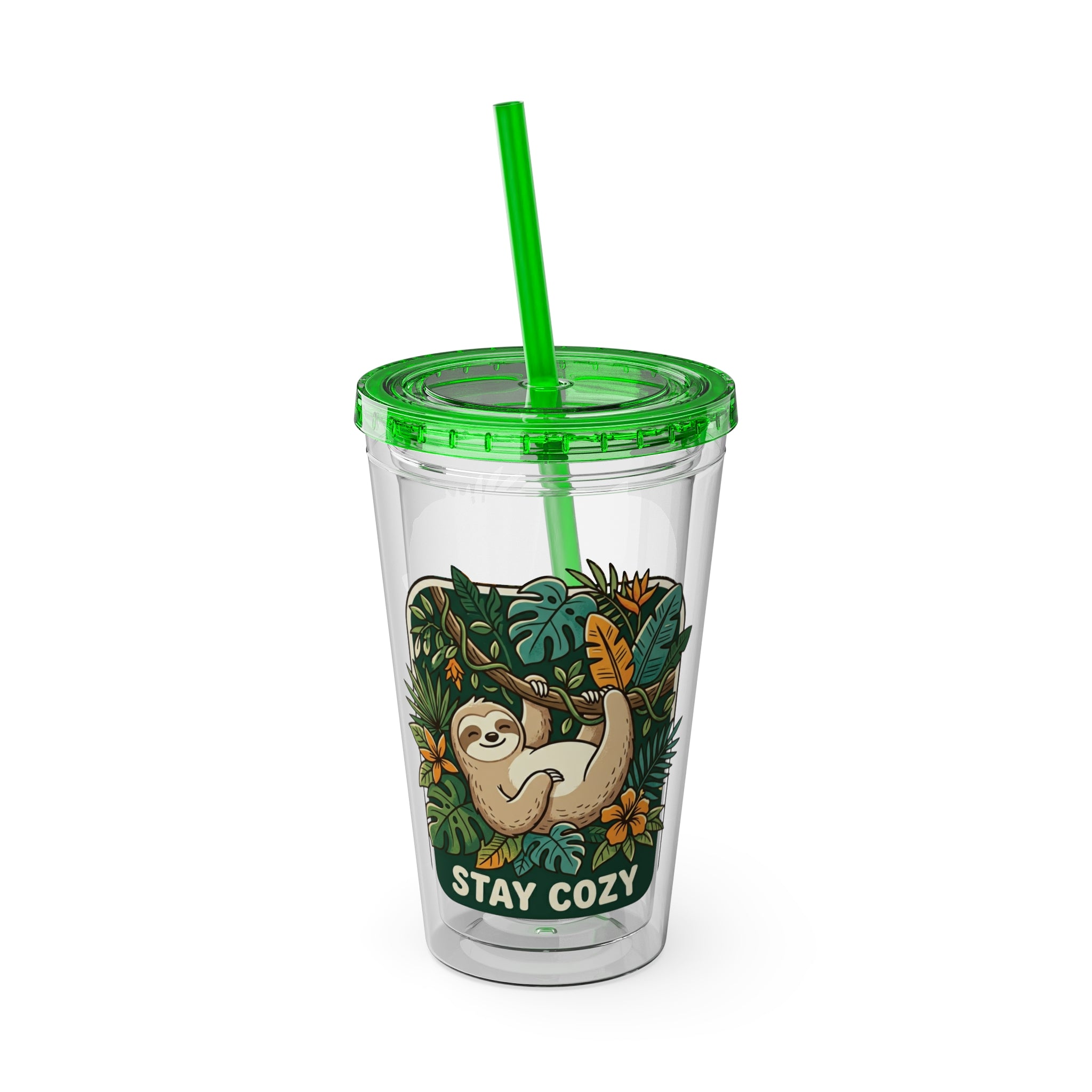 Stay Cozy Sloth Tumbler — 16oz Clear Insulated Cup with Straw
