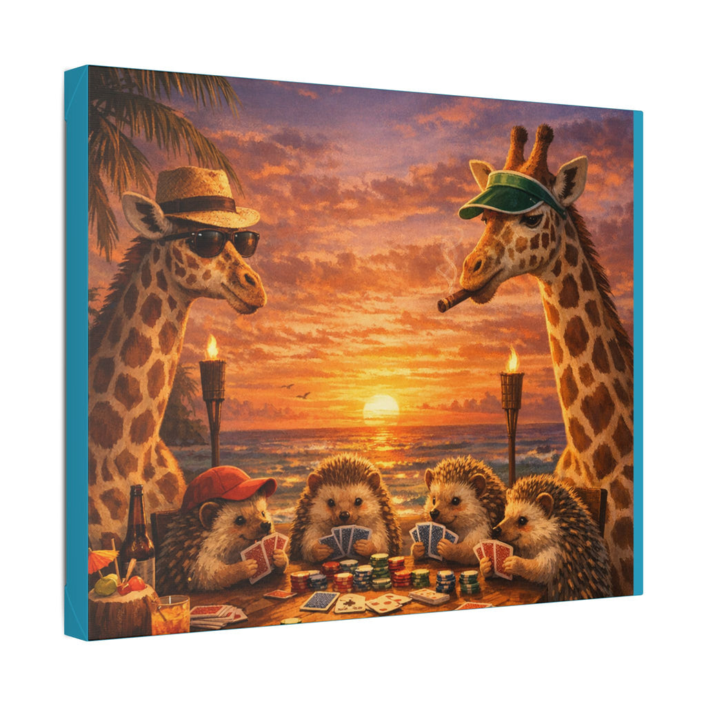 Sunset Poker Night Canvas — Whimsical Giraffes & Hedgehogs Art Print