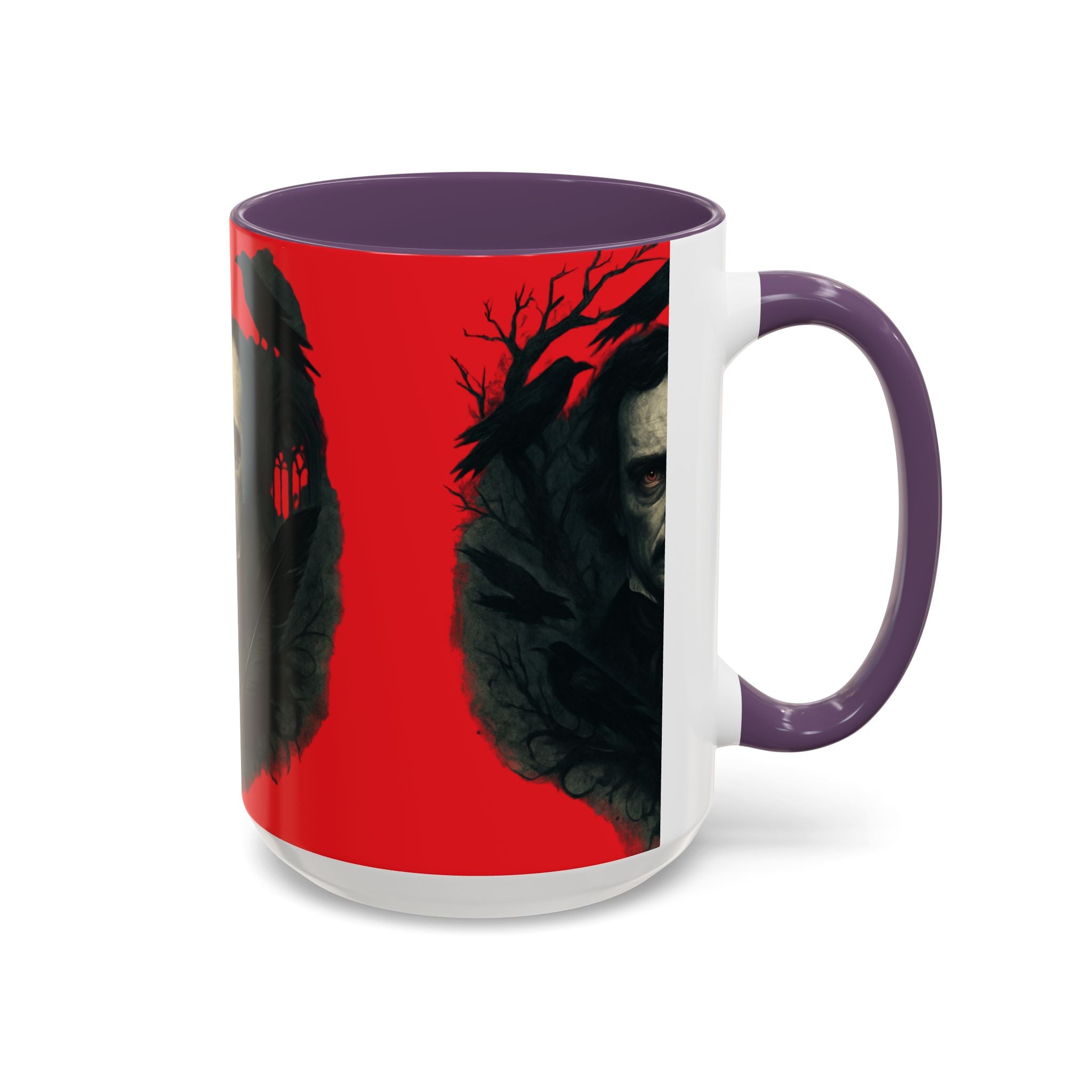 Edgar Allan Poe Portrait Coffee Mug — Gothic Raven Red Accent (11/15oz)