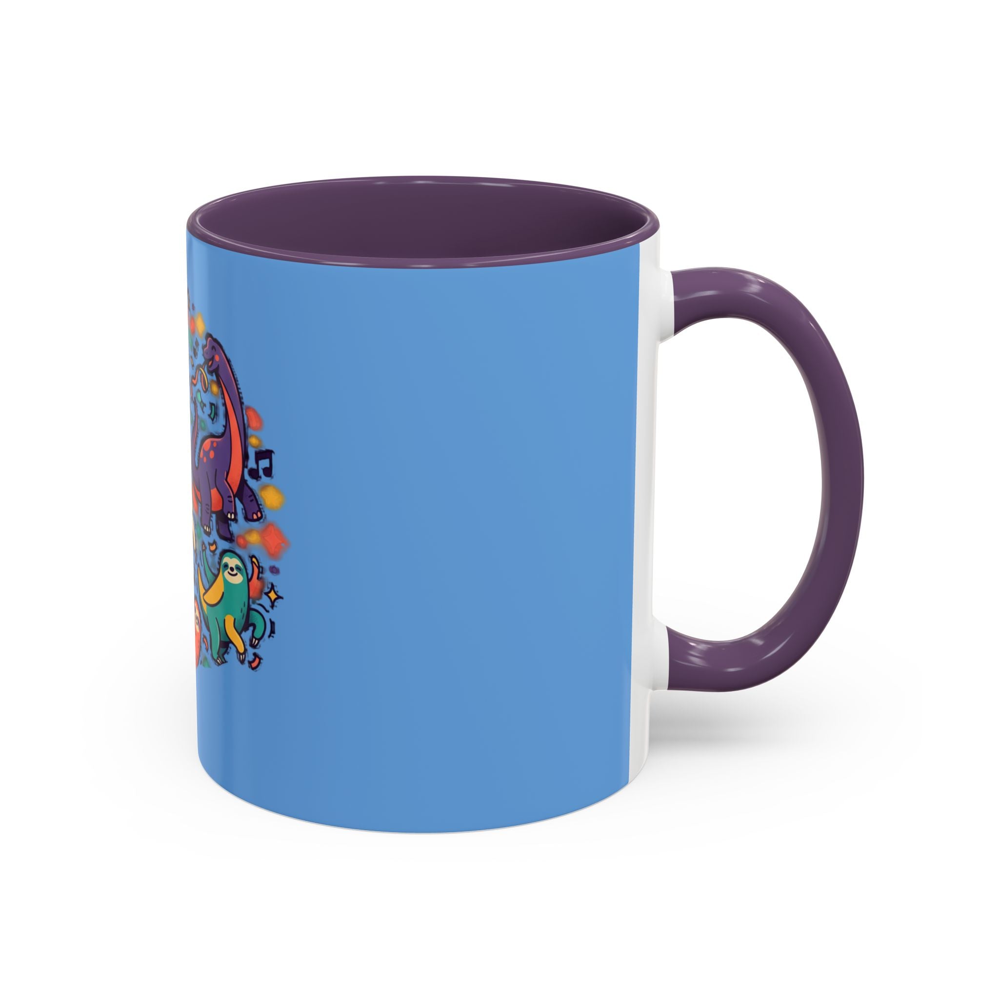 Cute Dancing Dinosaurs & Sloths Accent Coffee Mug — Colorful 11/15oz Ceramic