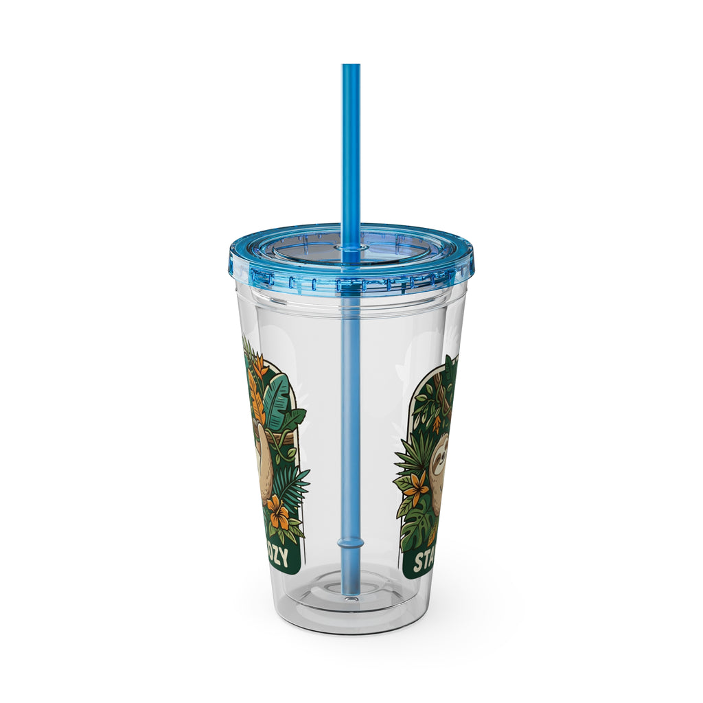 Stay Cozy Sloth Tumbler — 16oz Clear Insulated Cup with Straw