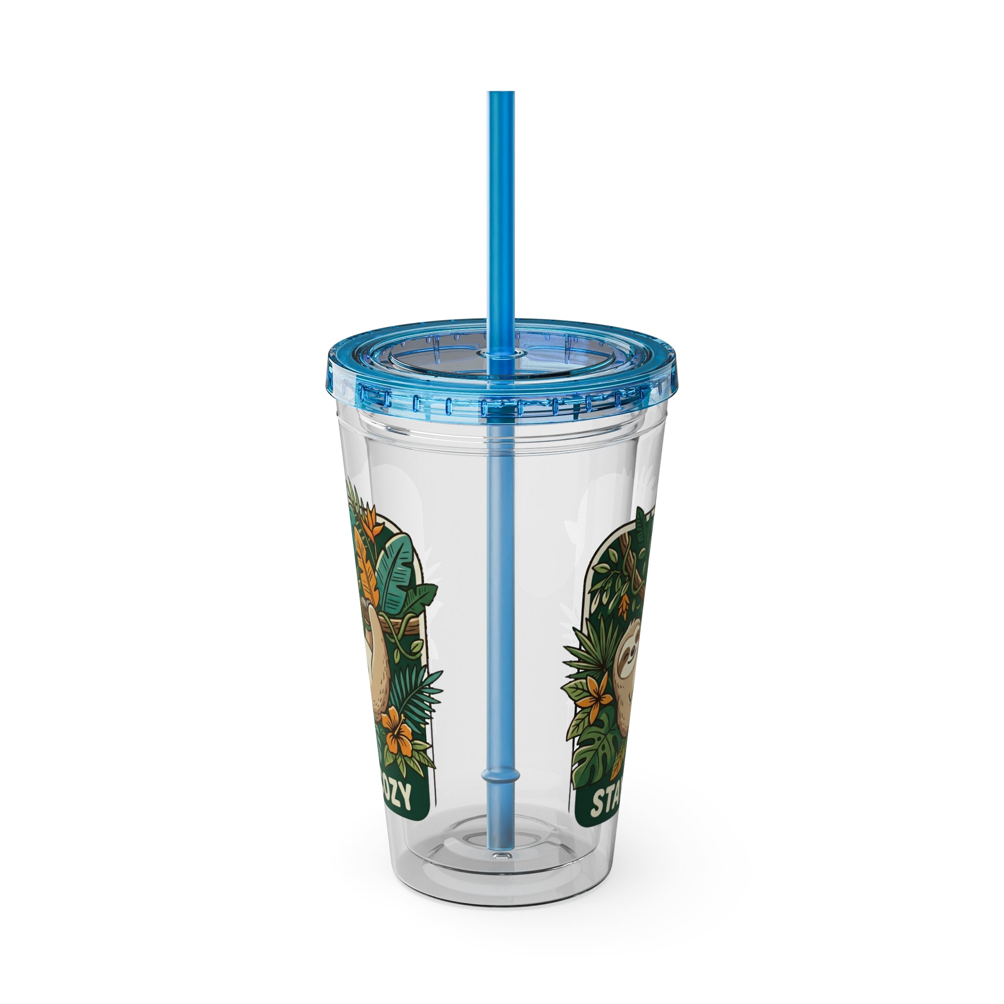 Stay Cozy Sloth Tumbler — 16oz Clear Insulated Cup with Straw