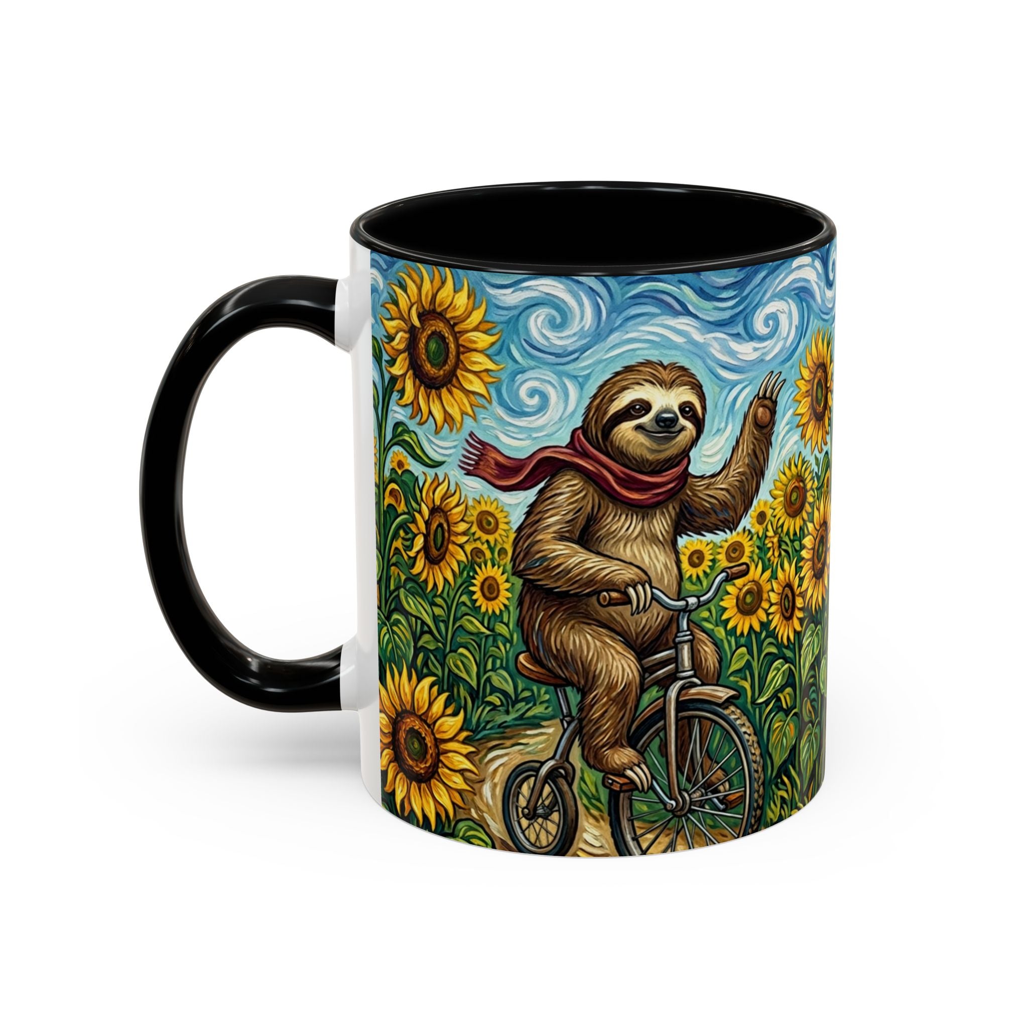 Sunflower Field Sloth Bicycle Mug — Cute Riding Sloth Coffee Cup (11/15oz)