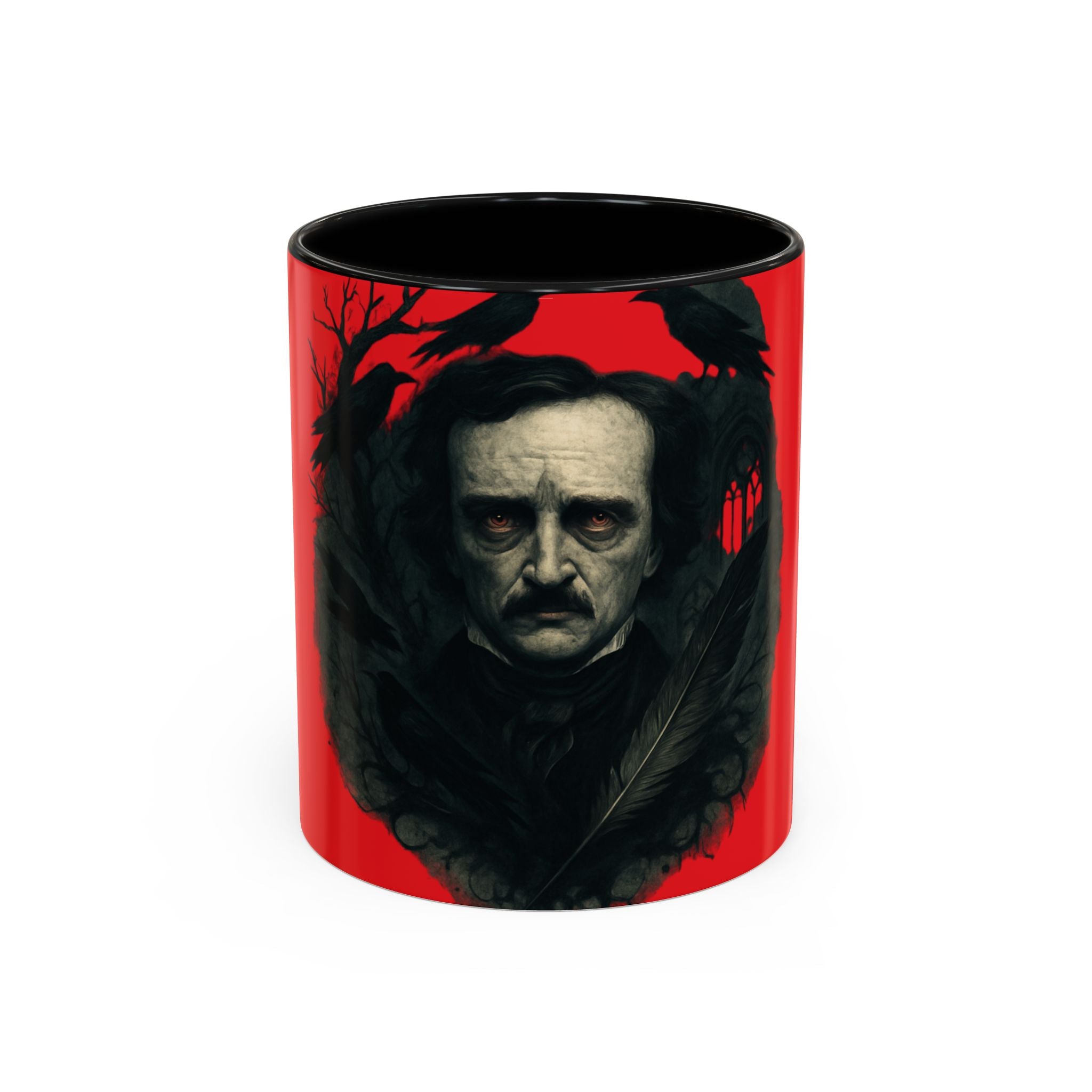 Edgar Allan Poe Portrait Coffee Mug — Gothic Raven Red Accent (11/15oz)