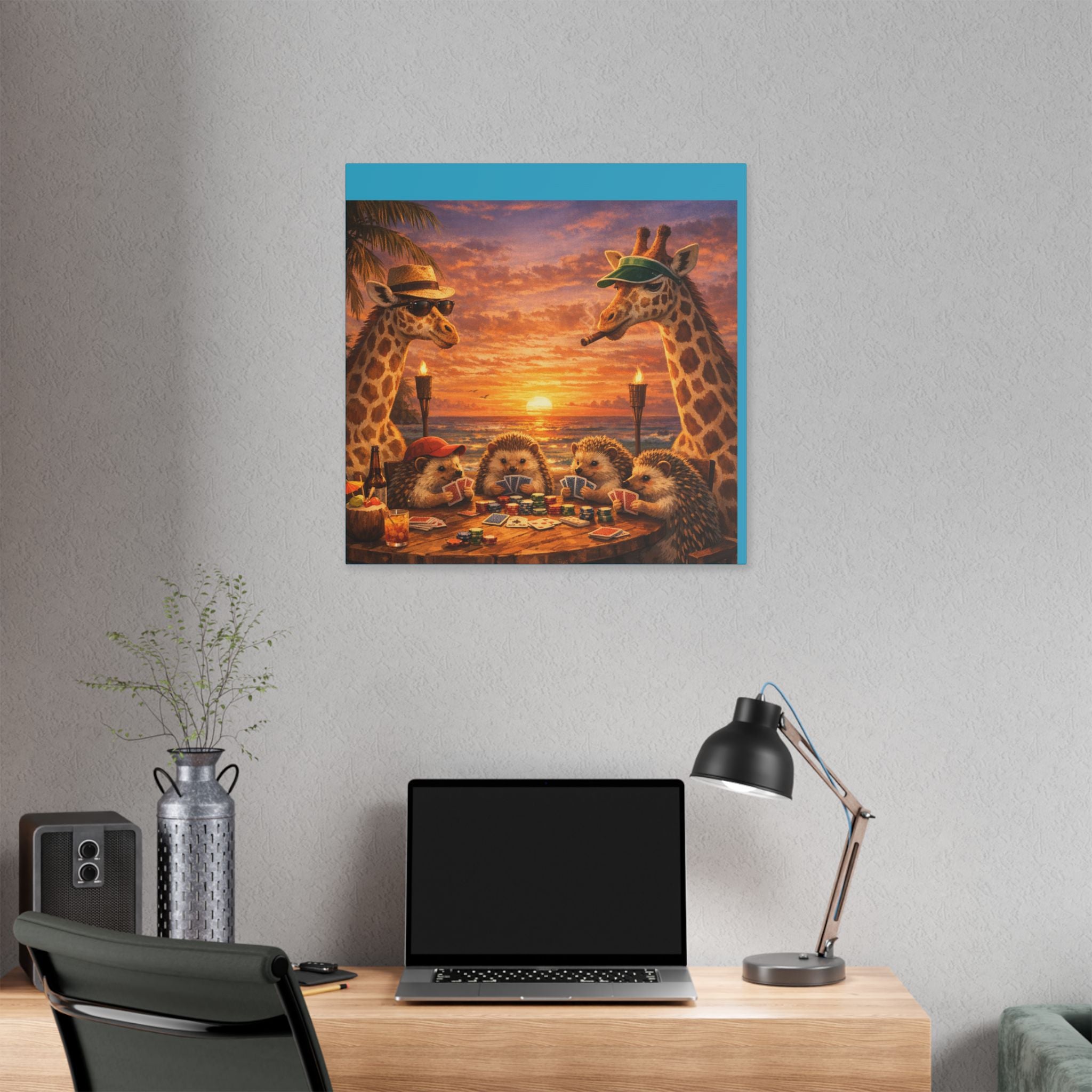 Sunset Poker Night Canvas — Whimsical Giraffes & Hedgehogs Art Print