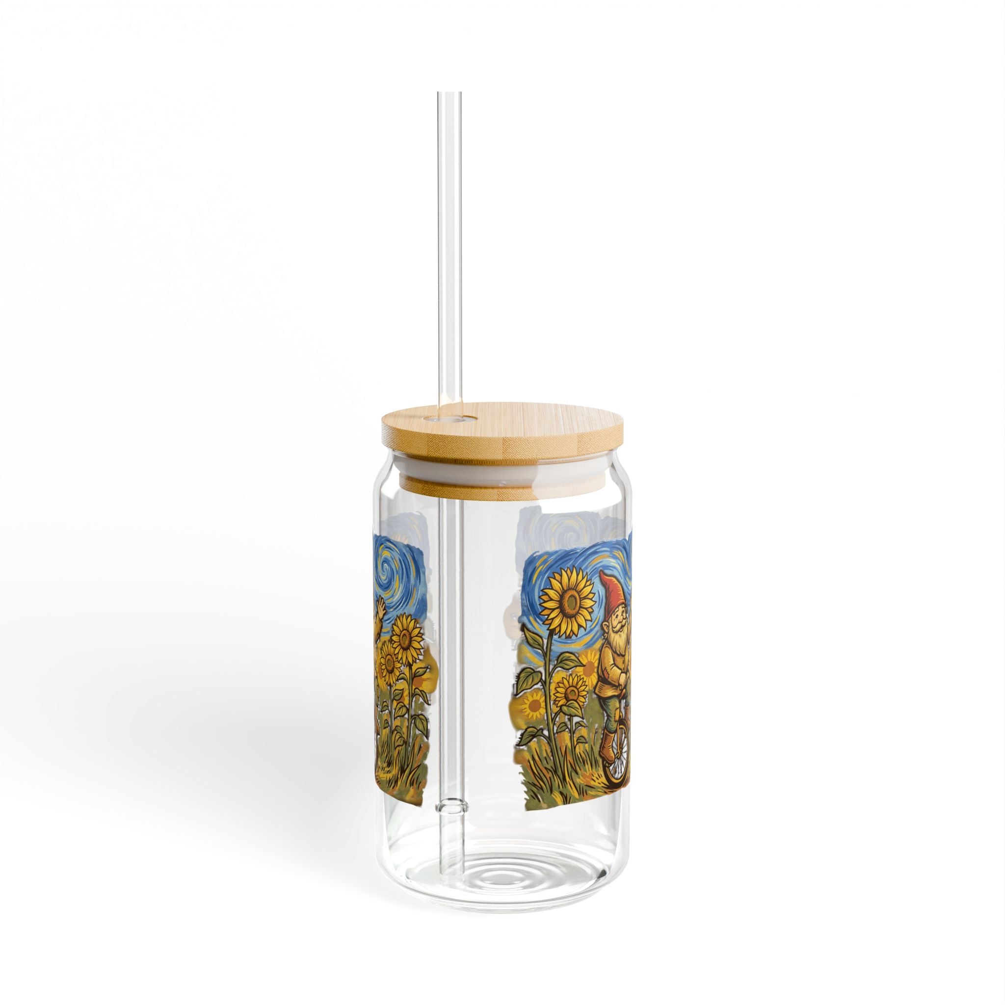 Glass Sipper Tumbler — Whimsical Gnome on Unicycle with Sunflowers (16oz)