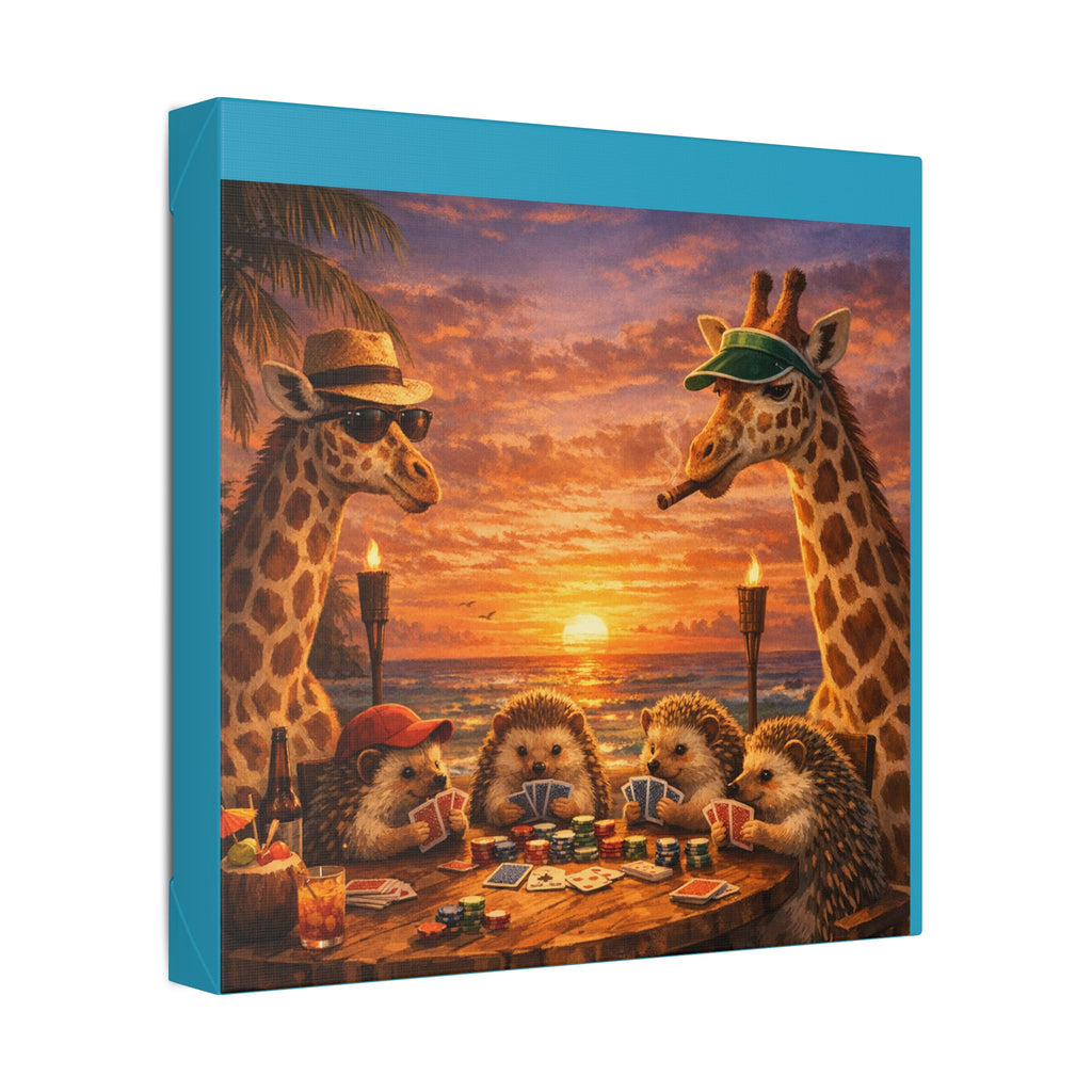 Sunset Poker Night Canvas — Whimsical Giraffes & Hedgehogs Art Print