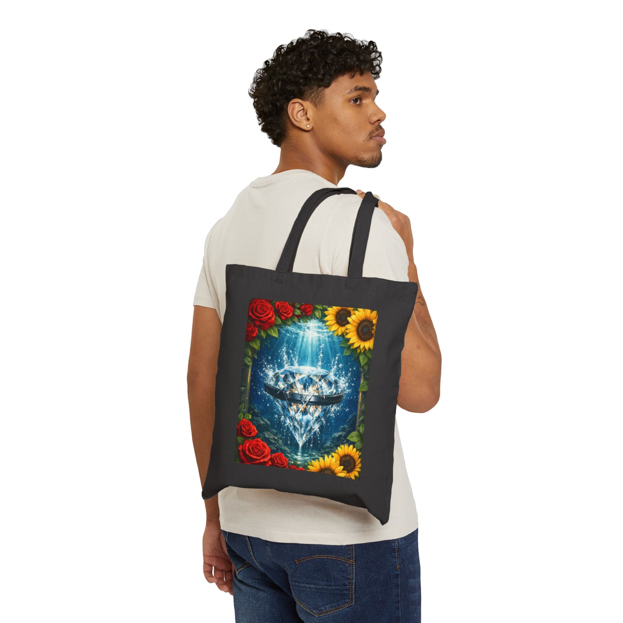 Canvas Tote Bag — "It's a New Day" Positive Quote & Floral Crystal Art Reusable Shopper
