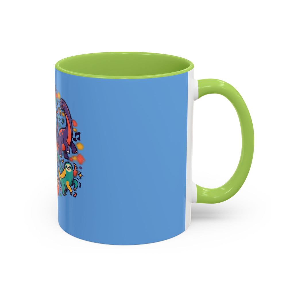 Cute Dancing Dinosaurs & Sloths Accent Coffee Mug — Colorful 11/15oz Ceramic