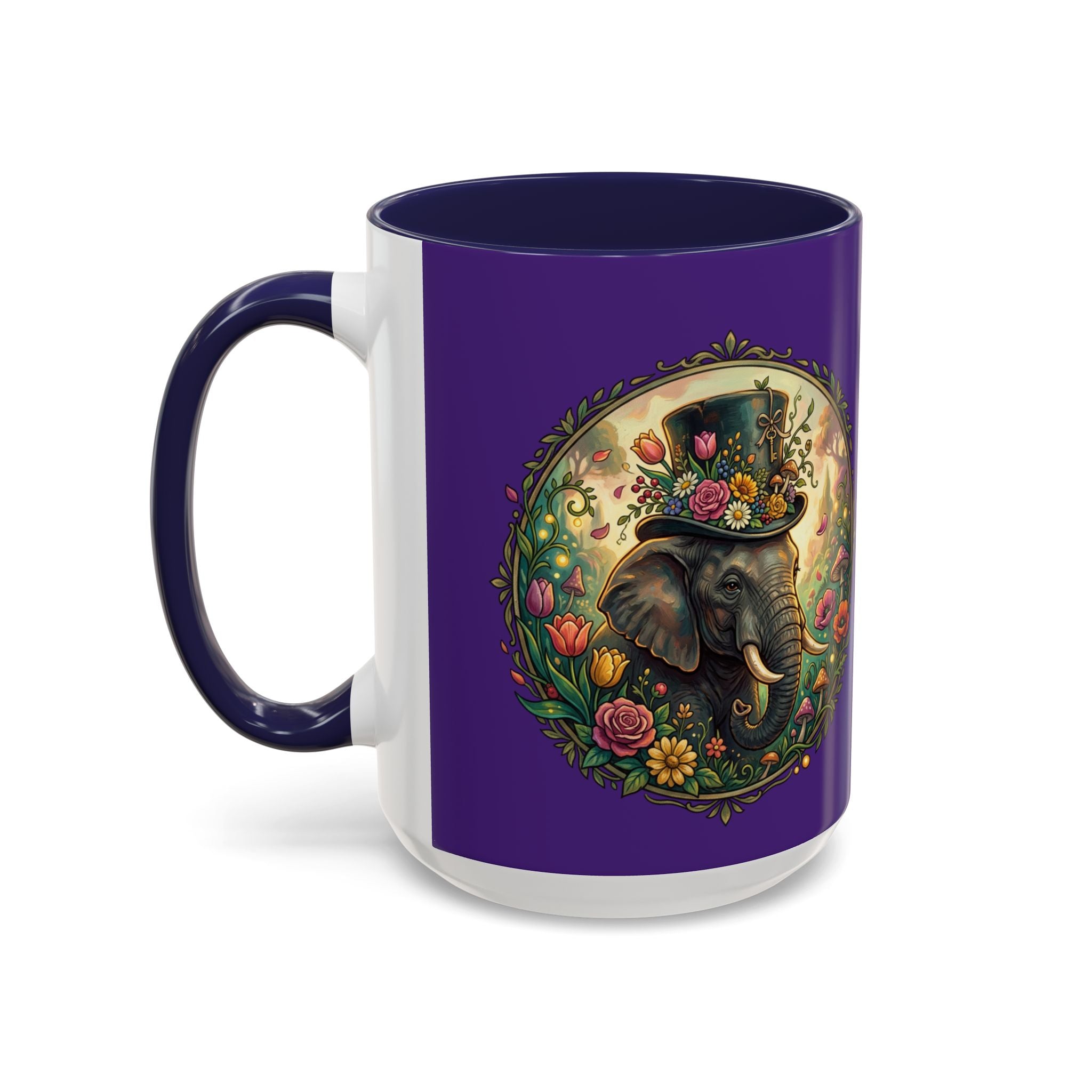 Elephant & Tulips Accent Coffee Mug — Floral Elephant Ceramic Mug (11/15oz)