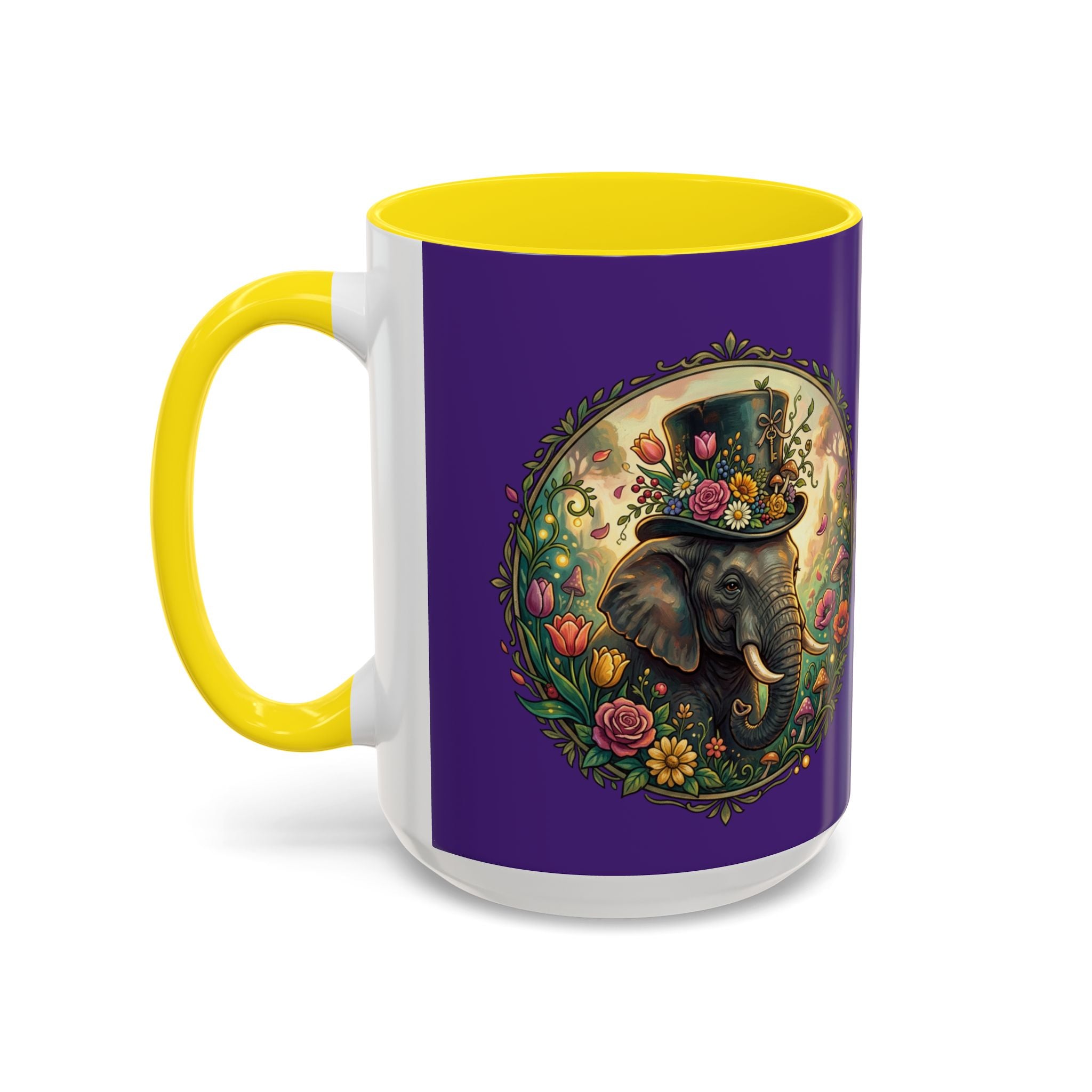 Elephant & Tulips Accent Coffee Mug — Floral Elephant Ceramic Mug (11/15oz)