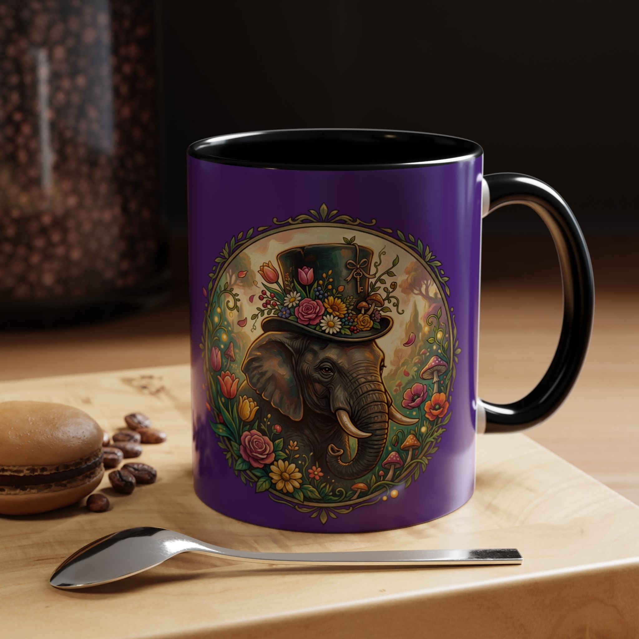 Elephant & Tulips Accent Coffee Mug — Floral Elephant Ceramic Mug (11/15oz)