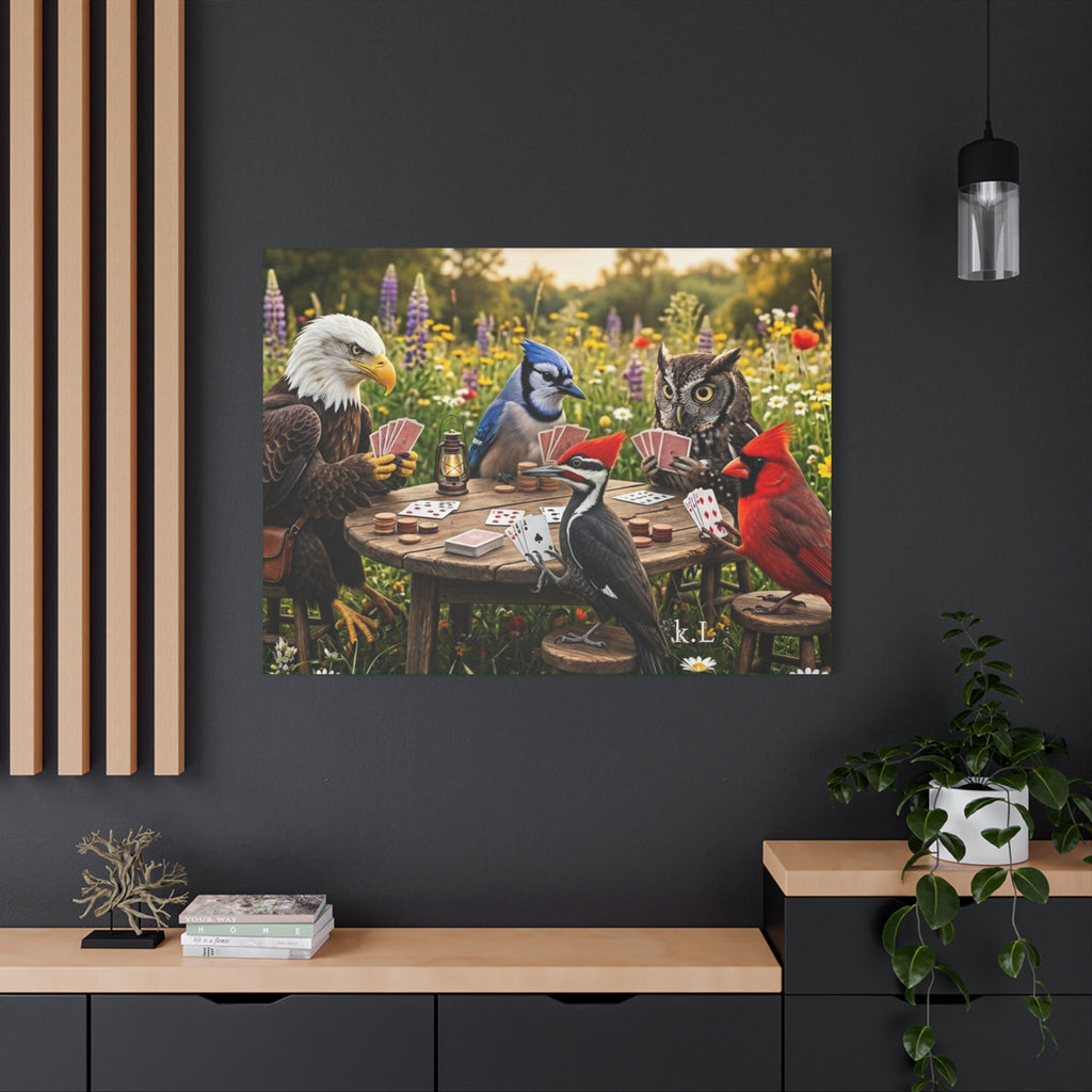 Canvas Wall Art — Woodland Birds Playing Cards Scene