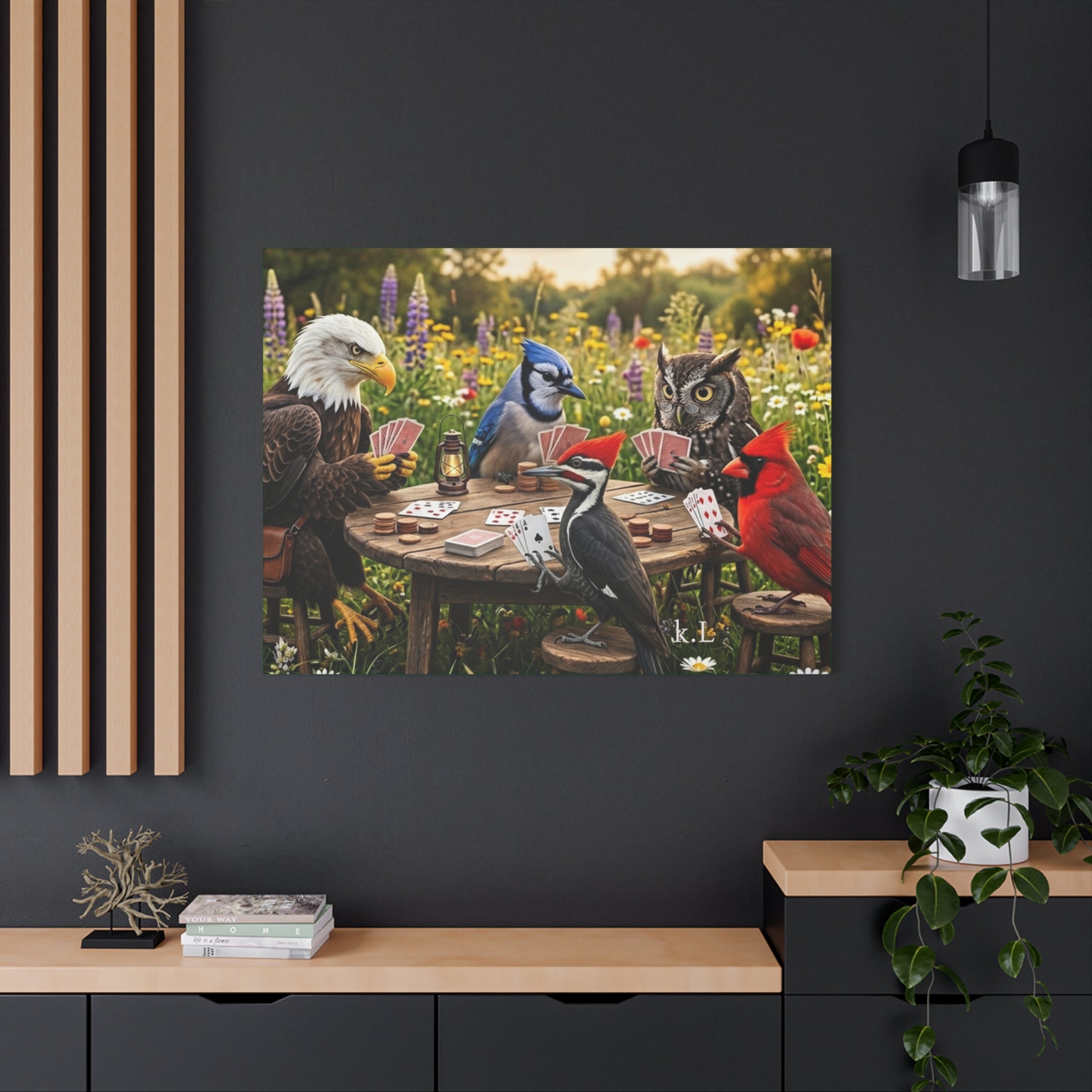 Canvas Wall Art — Woodland Birds Playing Cards Scene