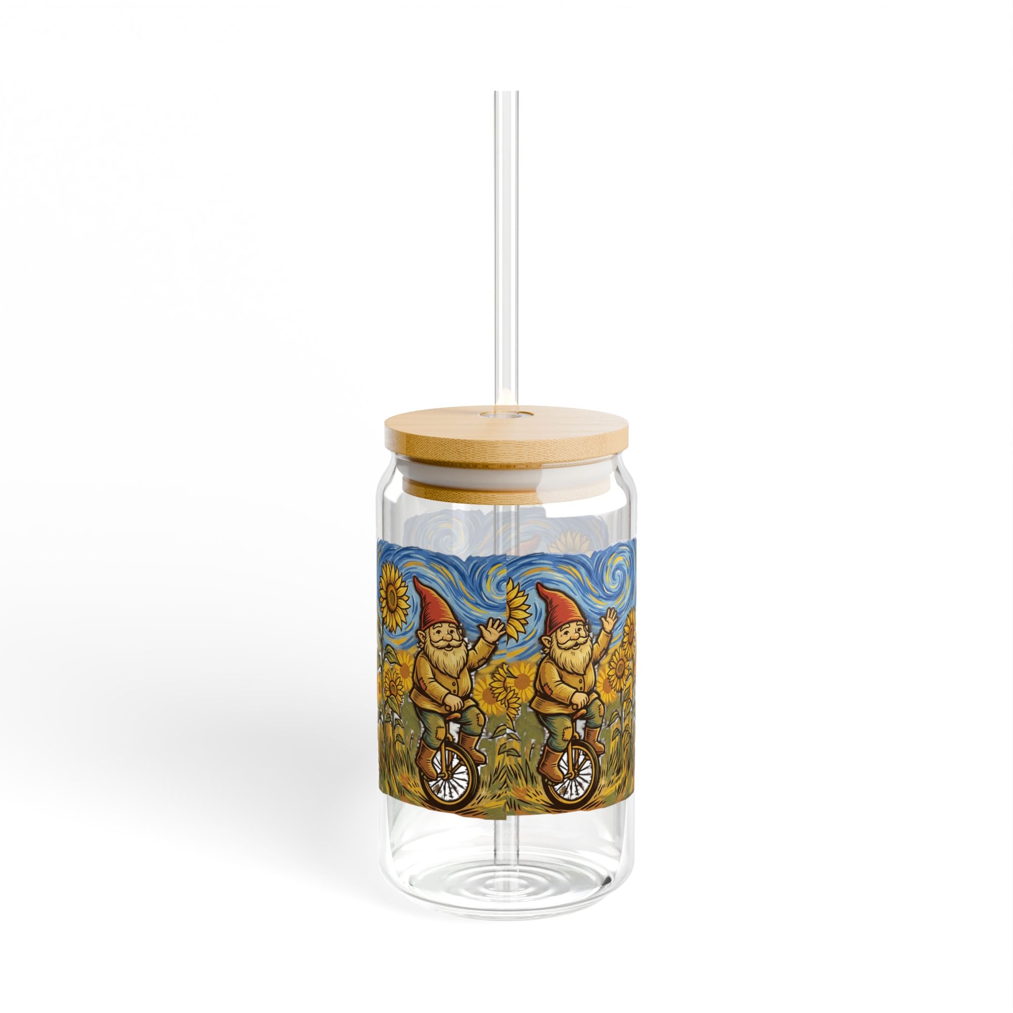 Glass Sipper Tumbler — Whimsical Gnome on Unicycle with Sunflowers (16oz)