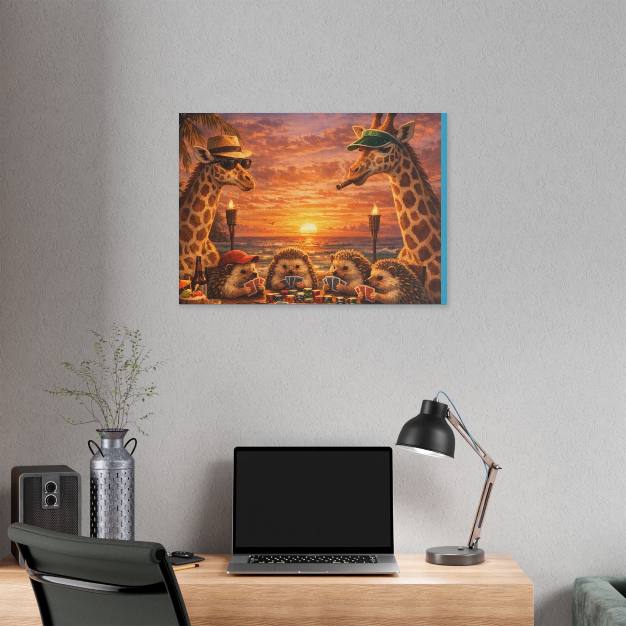 Sunset Poker Night Canvas — Whimsical Giraffes & Hedgehogs Art Print
