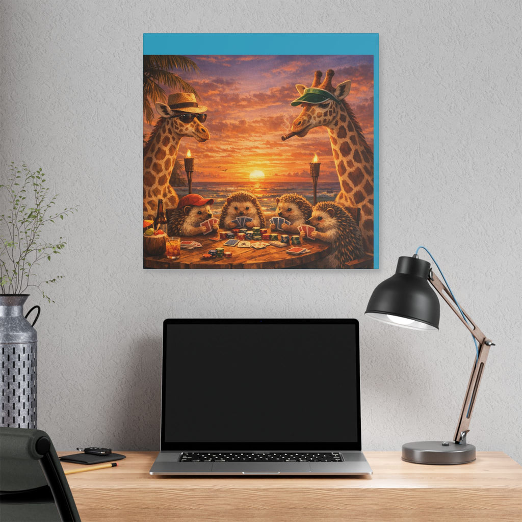 Sunset Poker Night Canvas — Whimsical Giraffes & Hedgehogs Art Print