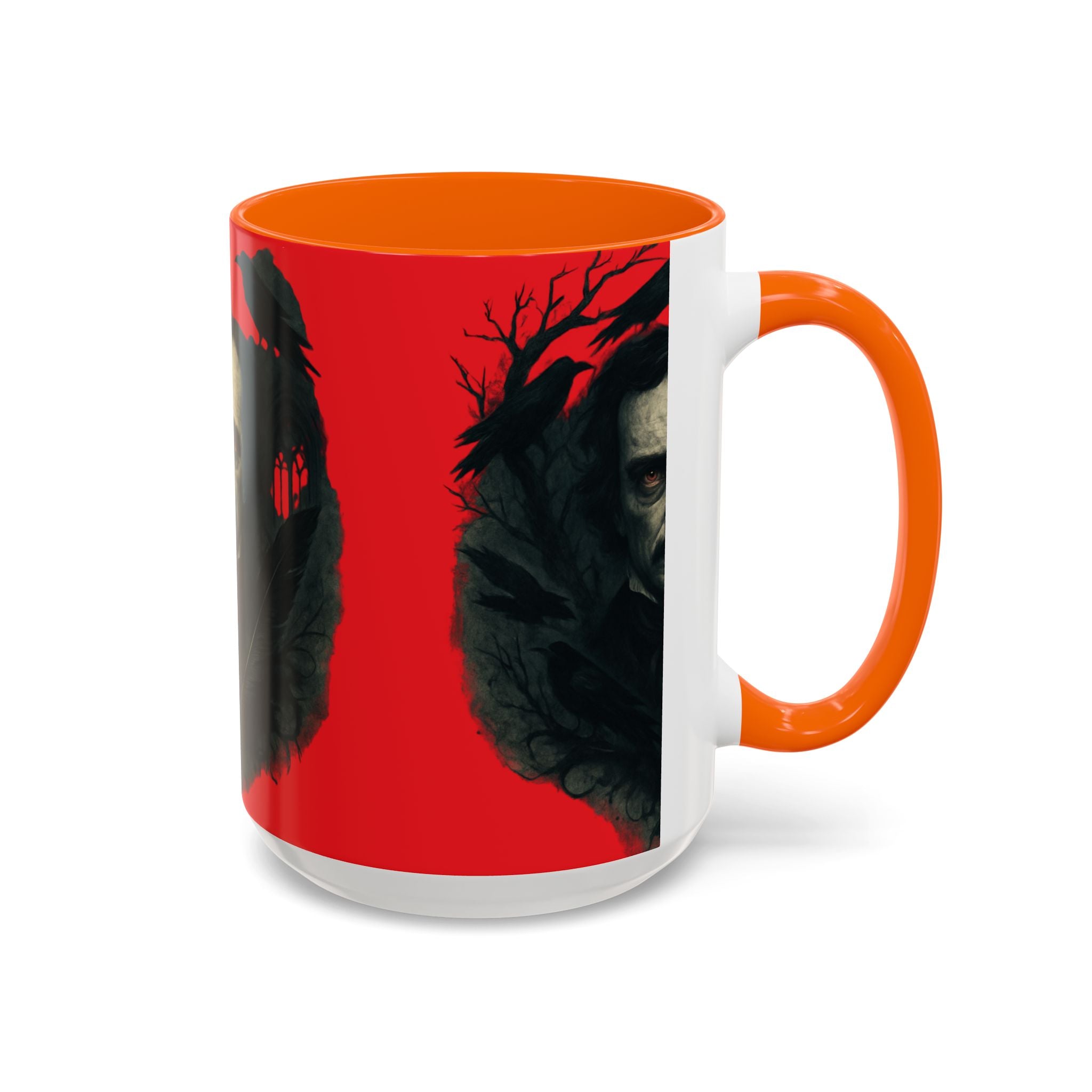 Edgar Allan Poe Portrait Coffee Mug — Gothic Raven Red Accent (11/15oz)