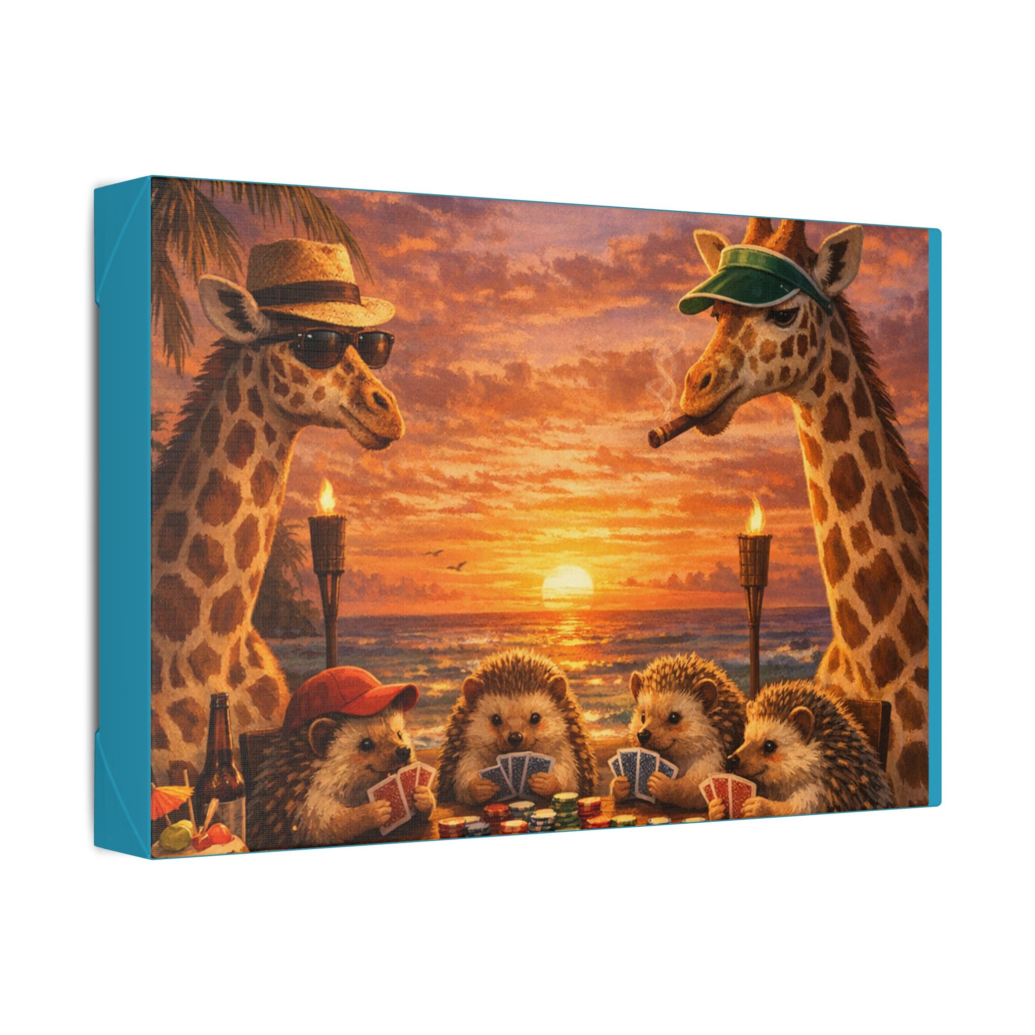 Sunset Poker Night Canvas — Whimsical Giraffes & Hedgehogs Art Print