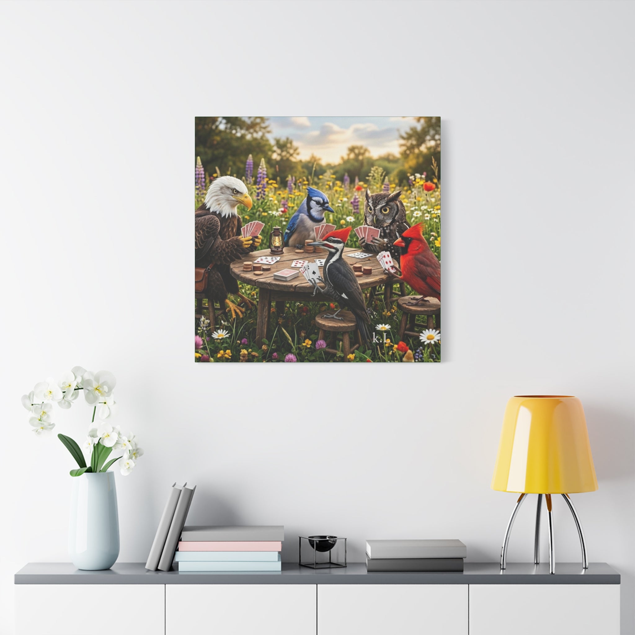 Canvas Wall Art — Woodland Birds Playing Cards Scene
